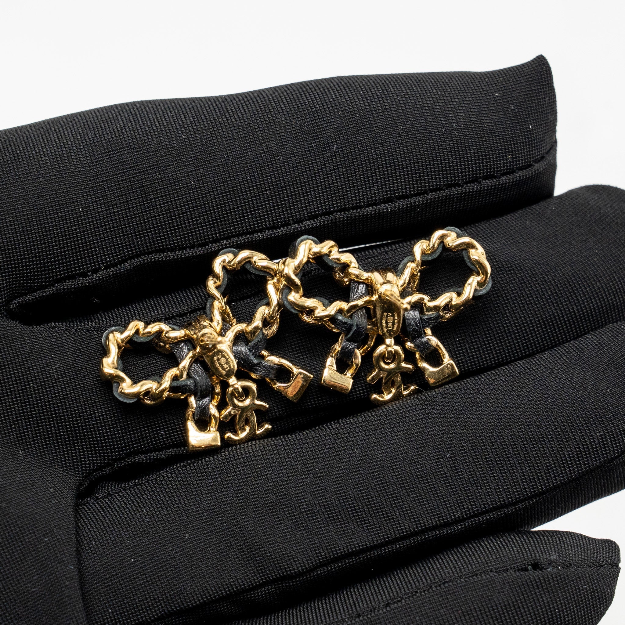 CHANEL LEATHER WEAVE BOW EARRINGS BLACK GOLD TONE