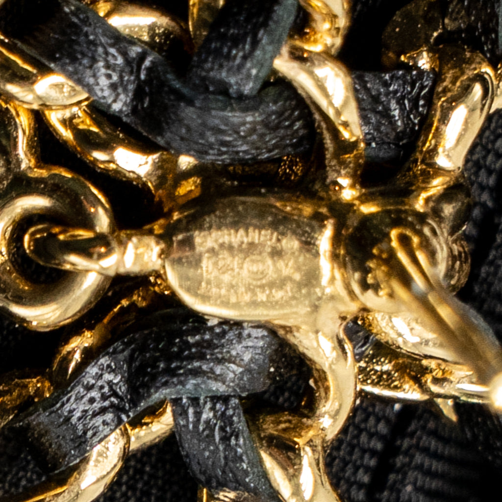 CHANEL LEATHER WEAVE BOW EARRINGS BLACK GOLD TONE