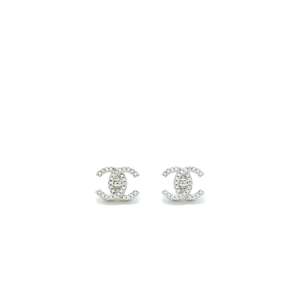 CHANEL MINI CC LOGO EARRINGS SILVER TONE