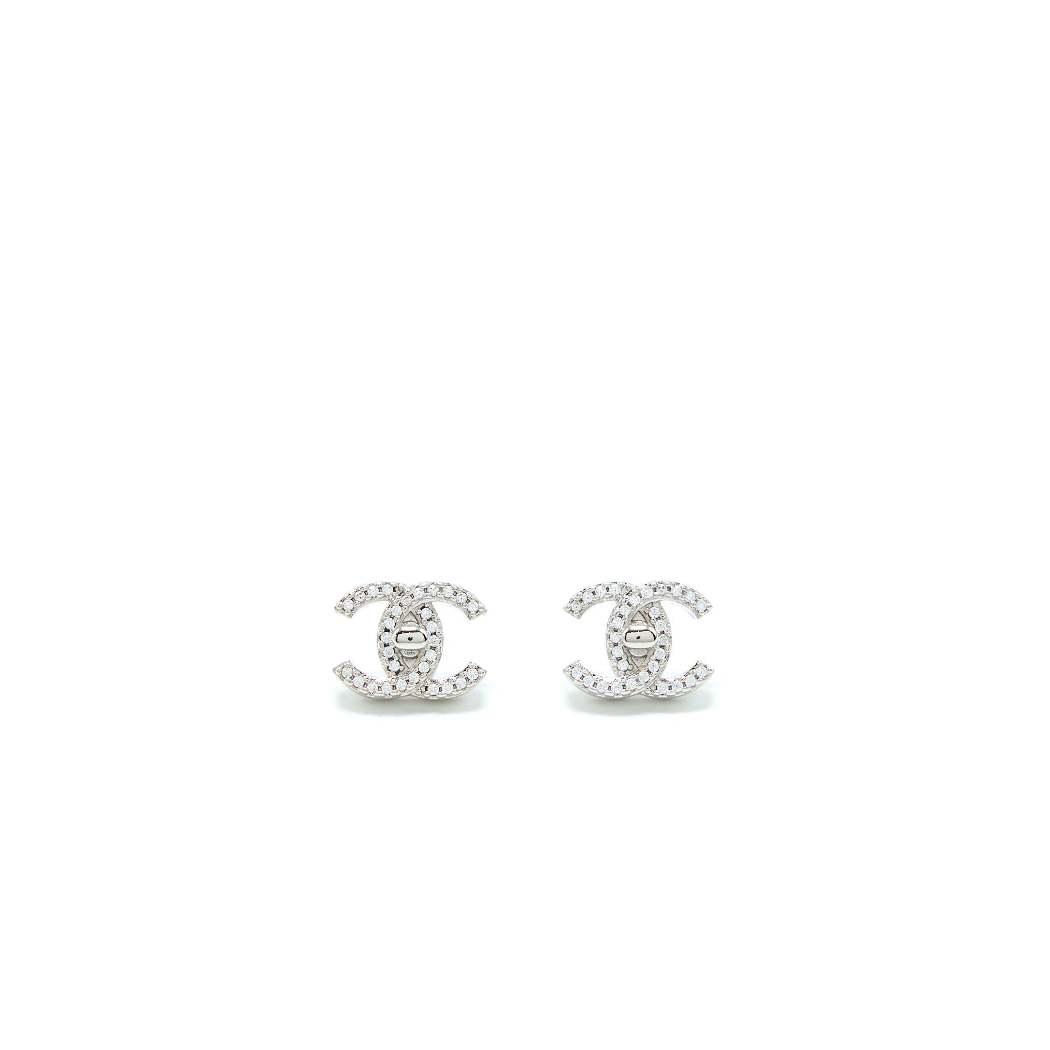CHANEL MINI CC LOGO EARRINGS SILVER TONE