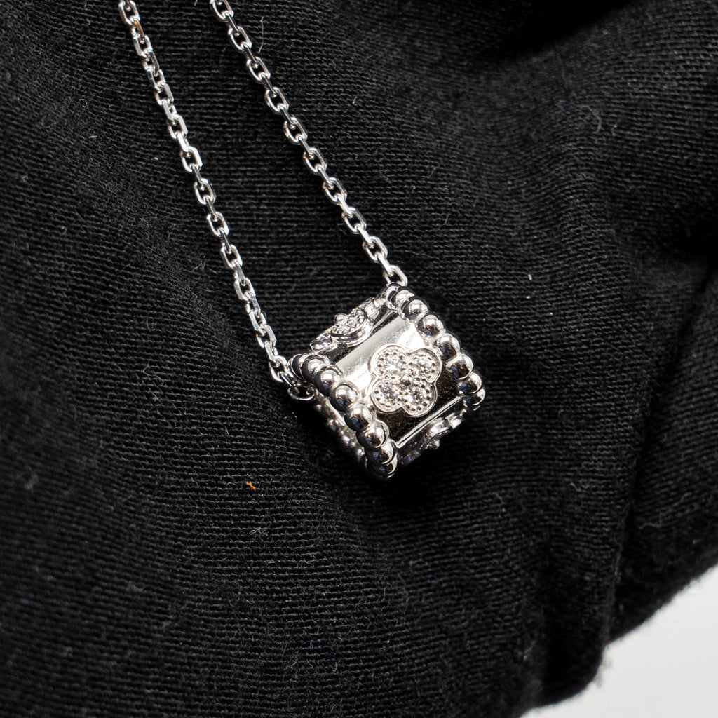 VAN CLEEF AND ARPELS PERLEE CLOVERS PENDANT WHITE GOLD DIAMONDS WITH ANGLE FILED TRACE CHAIN (SELL IN A SET)