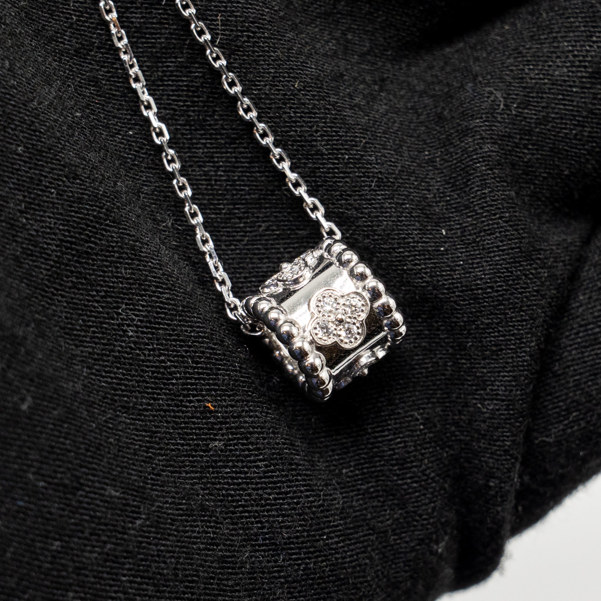 VAN CLEEF AND ARPELS PERLEE CLOVERS PENDANT WHITE GOLD DIAMONDS WITH ANGLE FILED TRACE CHAIN (SELL IN A SET)
