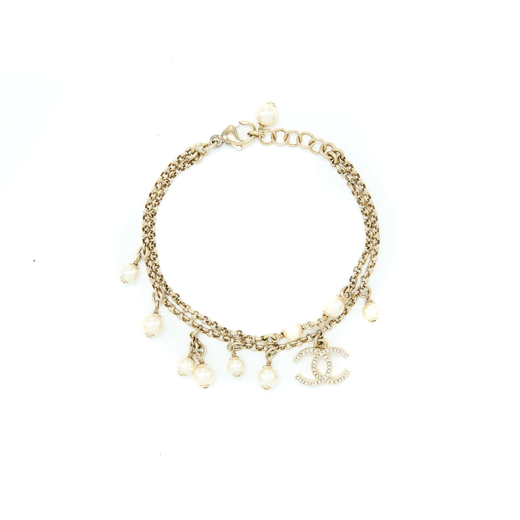 CHANEL DOUBLE CHAIN CC LOGO BRACELET CRYSTAL/PEARL LIGHT GOLD TONE