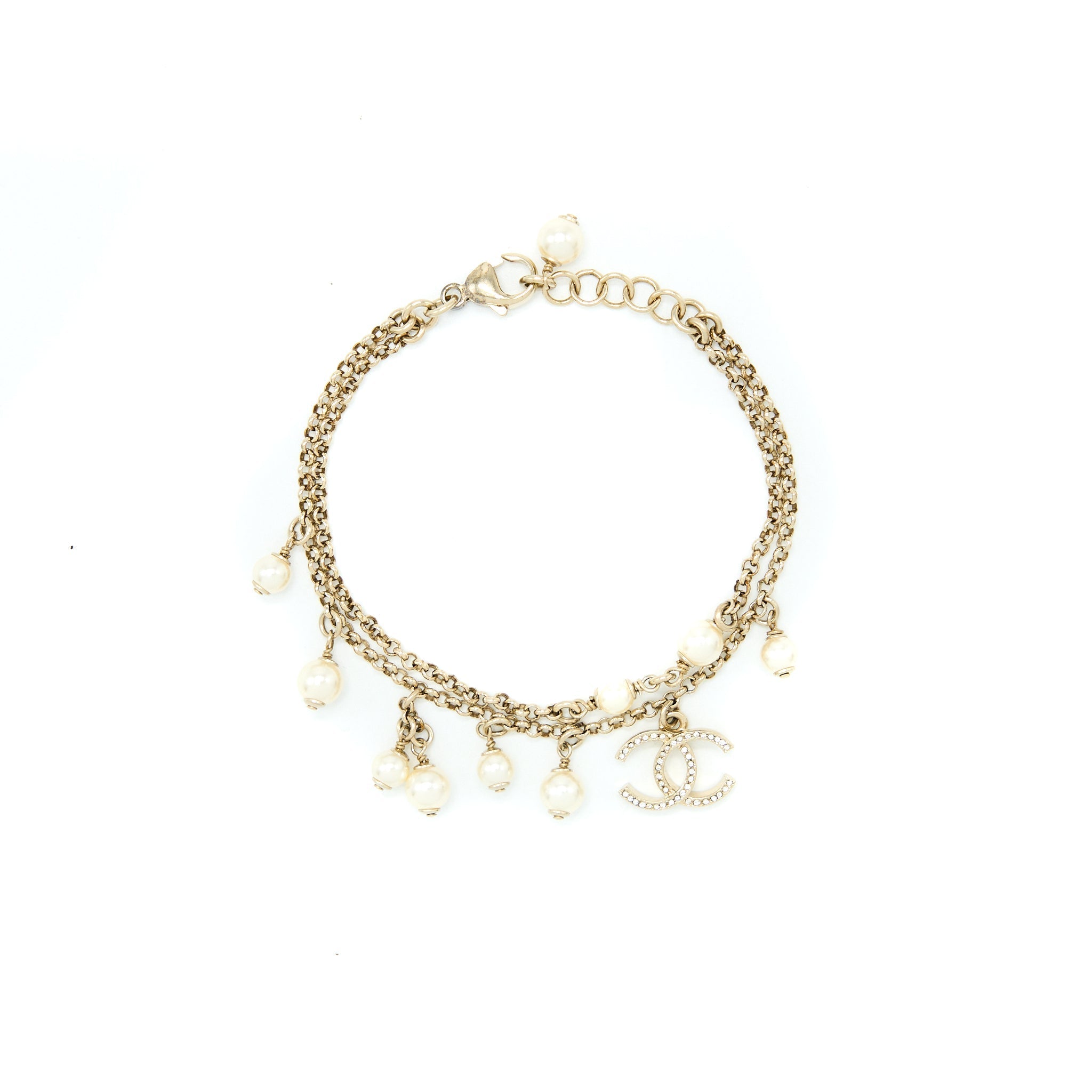 CHANEL DOUBLE CHAIN CC LOGO BRACELET CRYSTAL/PEARL LIGHT GOLD TONE