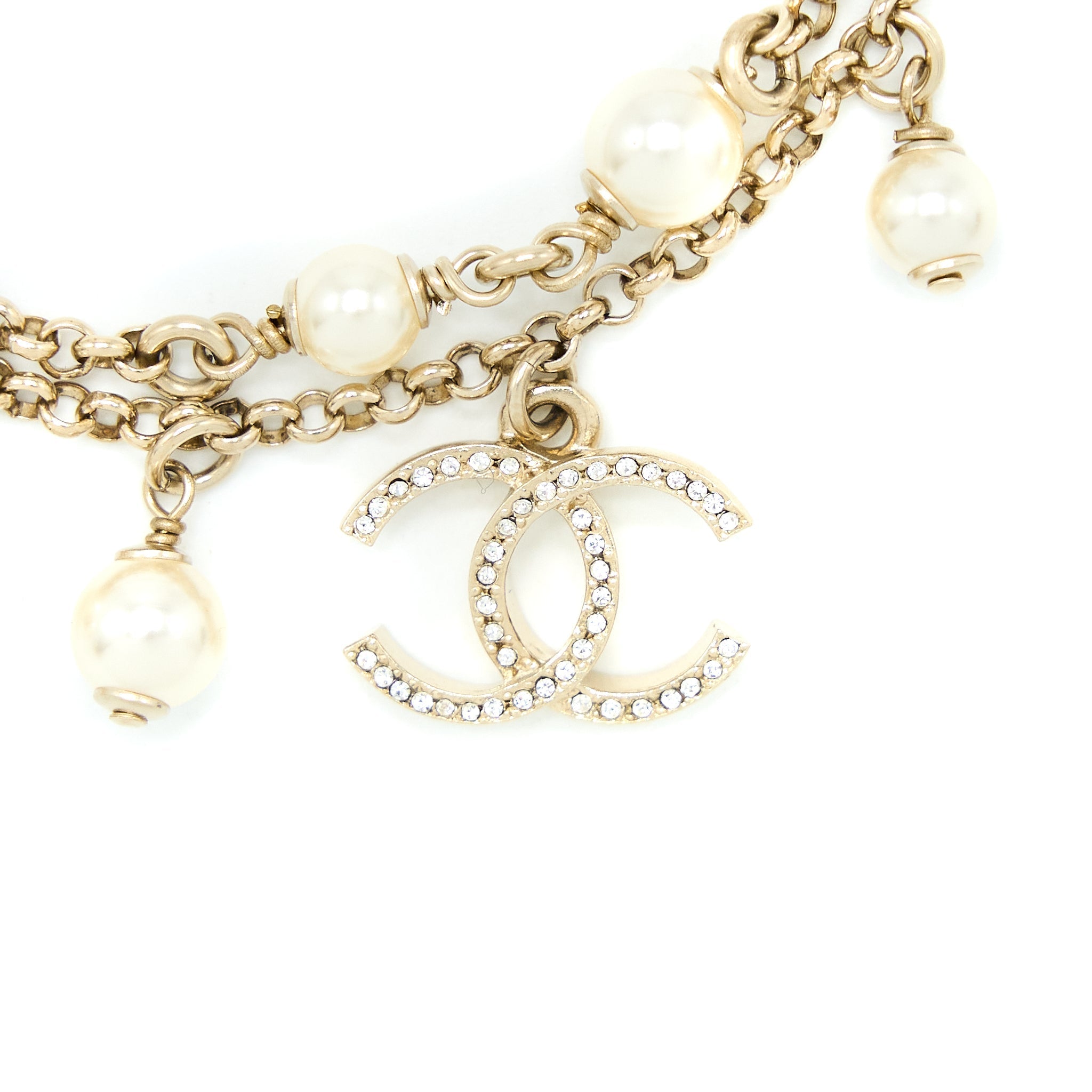 CHANEL DOUBLE CHAIN CC LOGO BRACELET CRYSTAL/PEARL LIGHT GOLD TONE