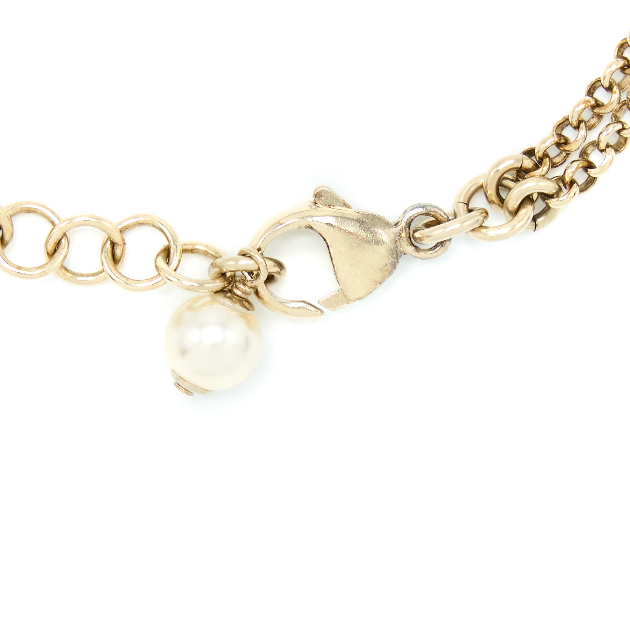 CHANEL DOUBLE CHAIN CC LOGO BRACELET CRYSTAL/PEARL LIGHT GOLD TONE