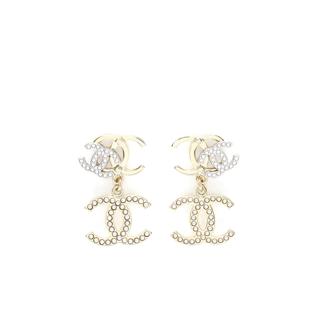 CHANEL MULTI CC DROP EARRINGS WITH CRYSTAL AND PEARL