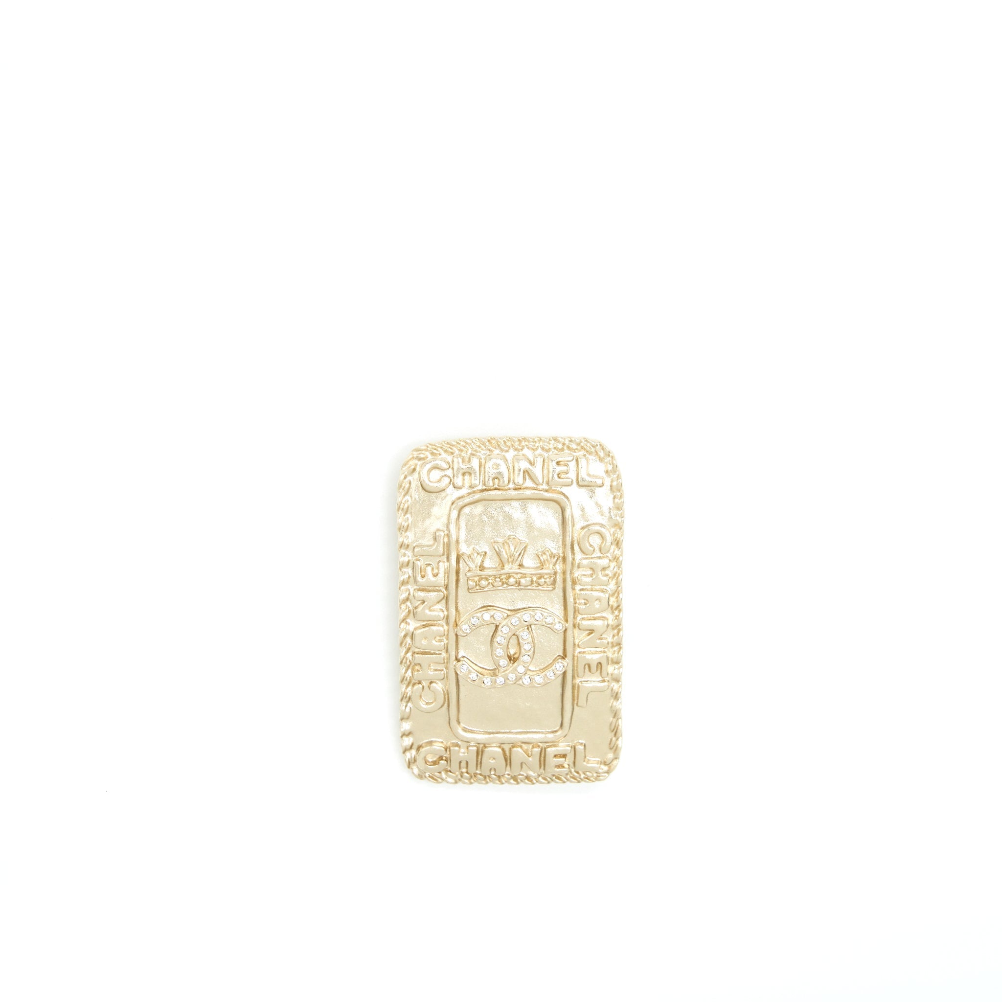 CHANEL CC LOGO AND CROWN METAL PLATE BROOCH BRUSHED LGHW