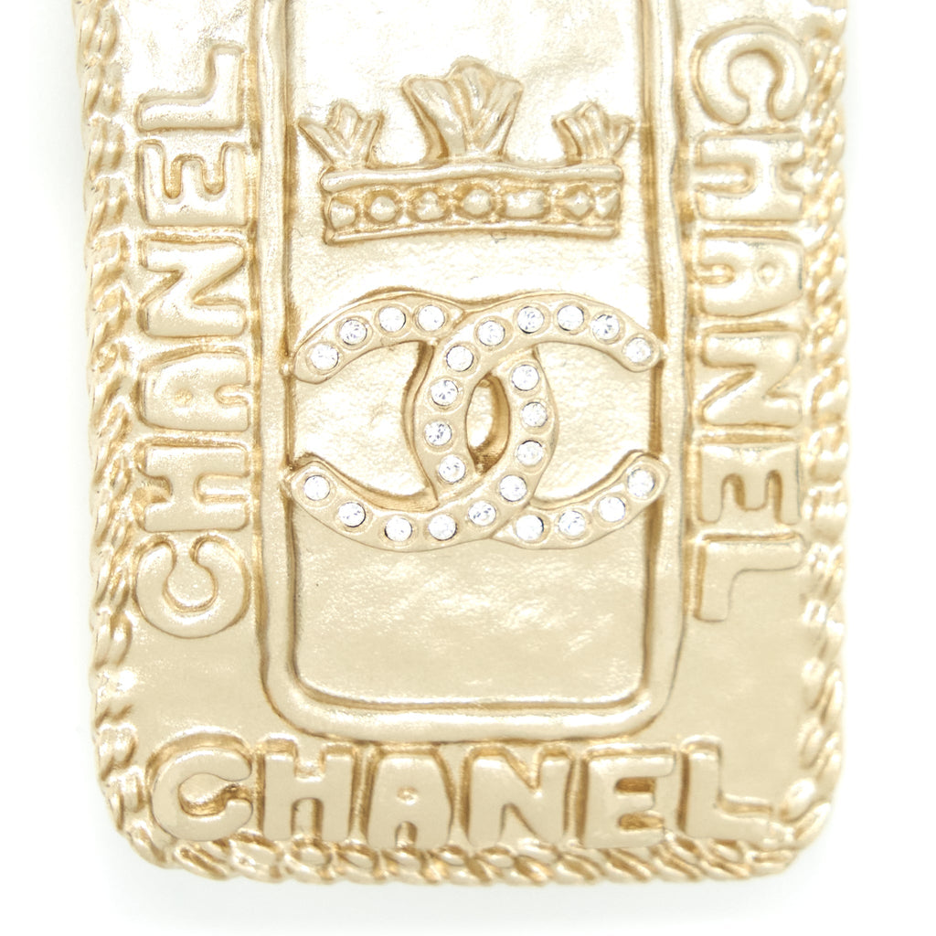 CHANEL CC LOGO AND CROWN METAL PLATE BROOCH BRUSHED LGHW