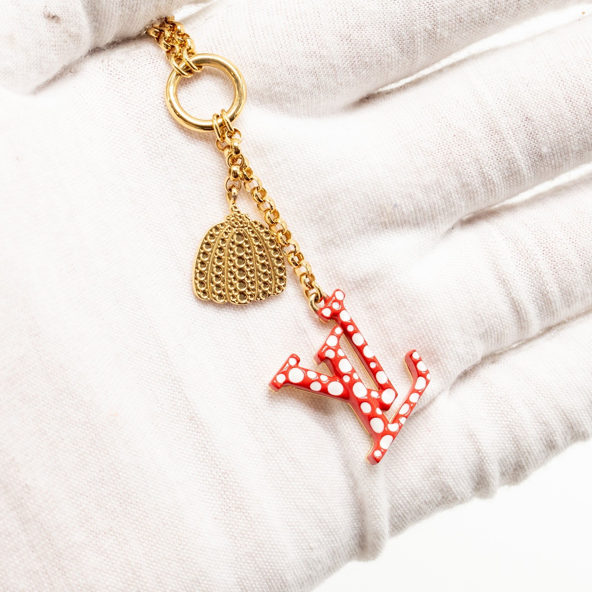 LOUIS VUITTON X YAYOI KUSAMA INFINITY DOTS WITH PUMPKIN CHARM NECKLACE, BRACELET, EARRINGS RED GOLD TONE (SELL IN A SET)
