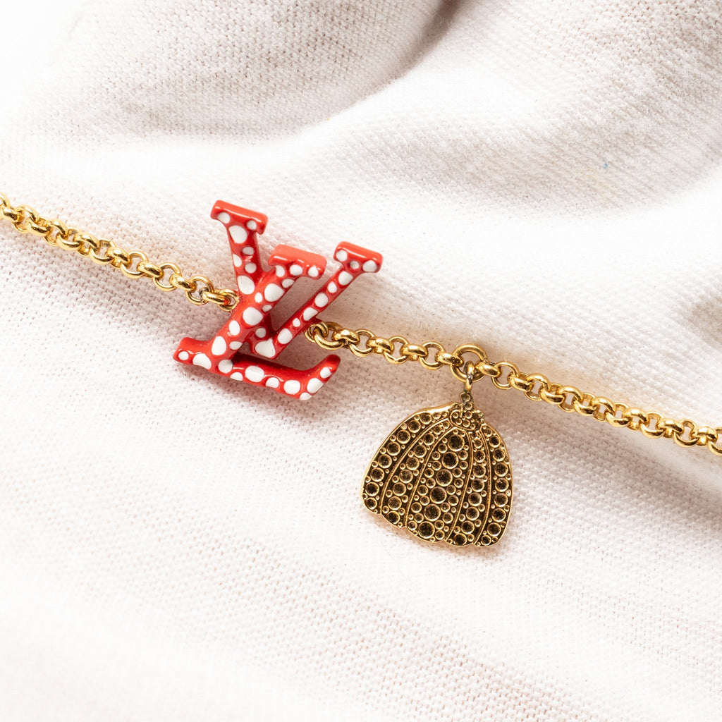 LOUIS VUITTON X YAYOI KUSAMA INFINITY DOTS WITH PUMPKIN CHARM NECKLACE, BRACELET, EARRINGS RED GOLD TONE (SELL IN A SET)