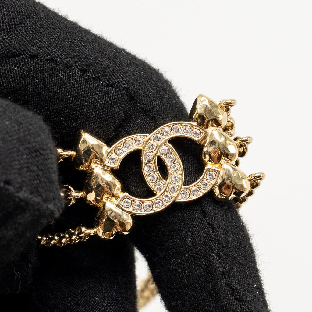 CHANEL CC AND HEARTS CHAIN CHOCKER CRYSTAL LIGHT GOLD TONE