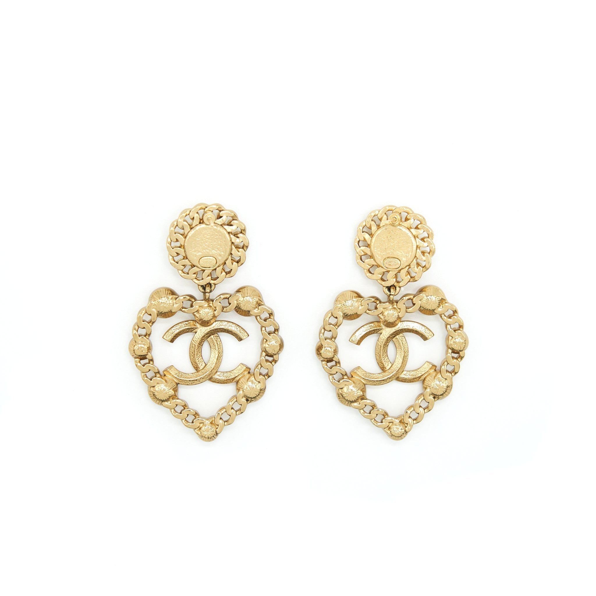 CHANEL CC AND HEART GIANT EARRINGS GOLD TONE