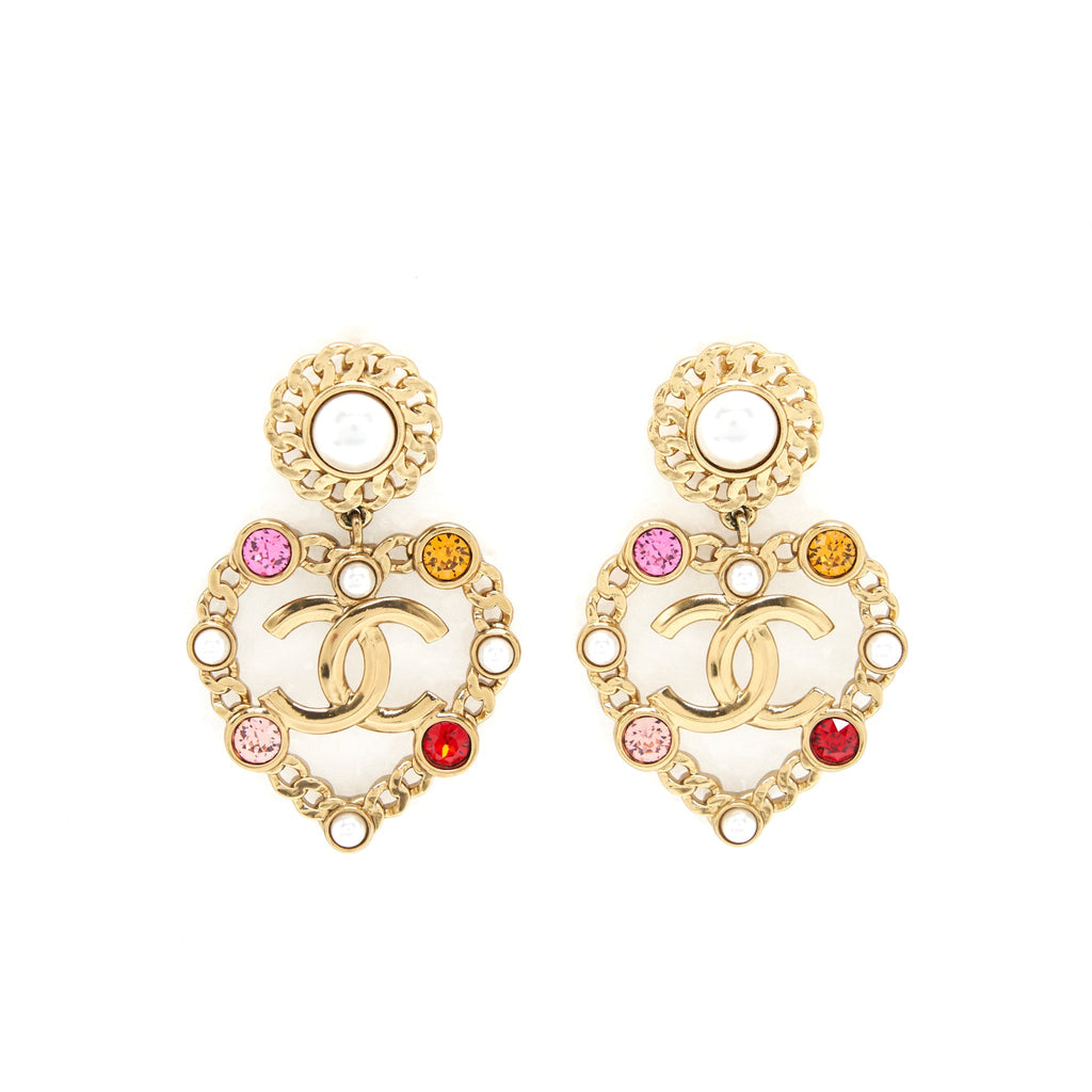 CHANEL CC AND HEART GIANT EARRINGS GOLD TONE