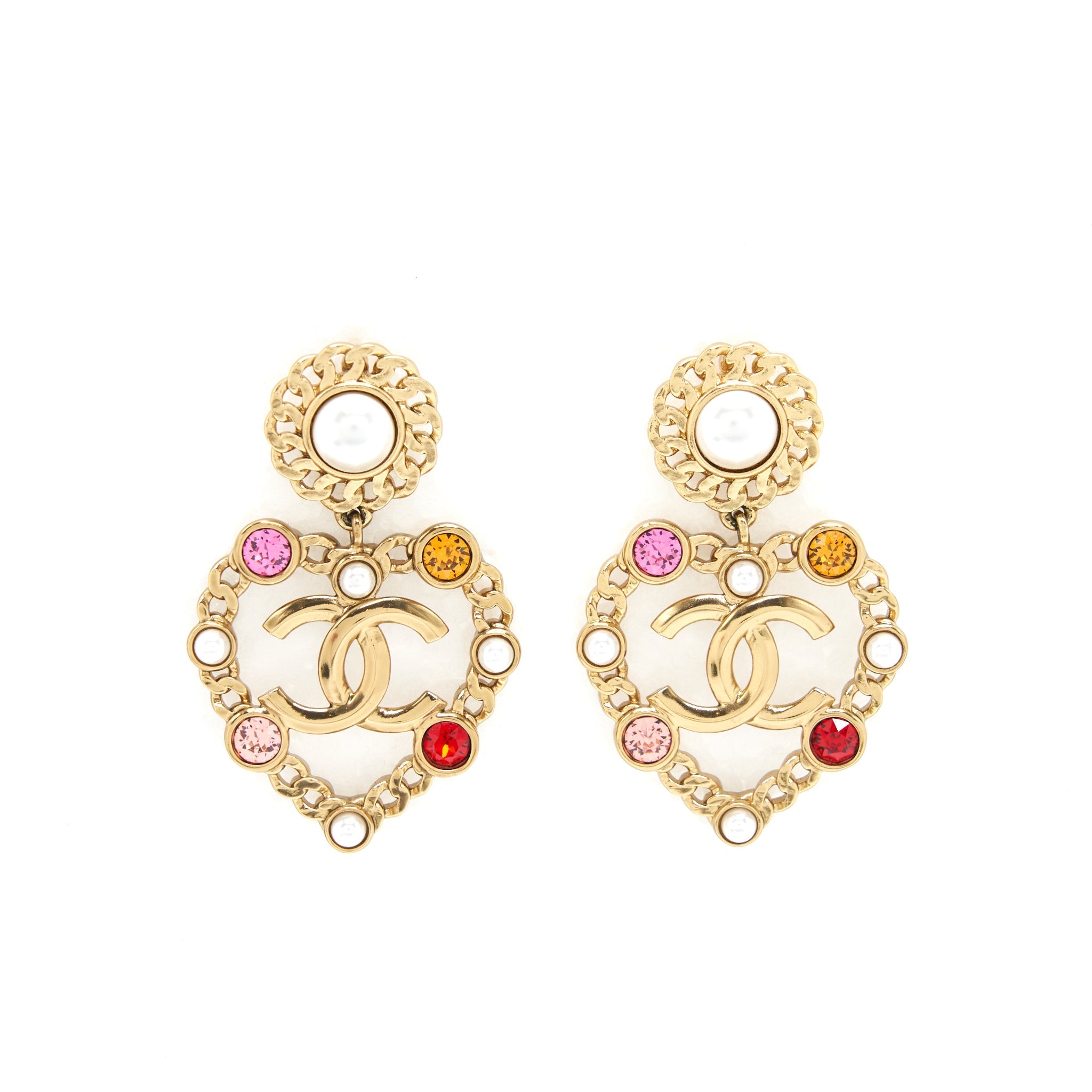 CHANEL CC AND HEART GIANT EARRINGS GOLD TONE