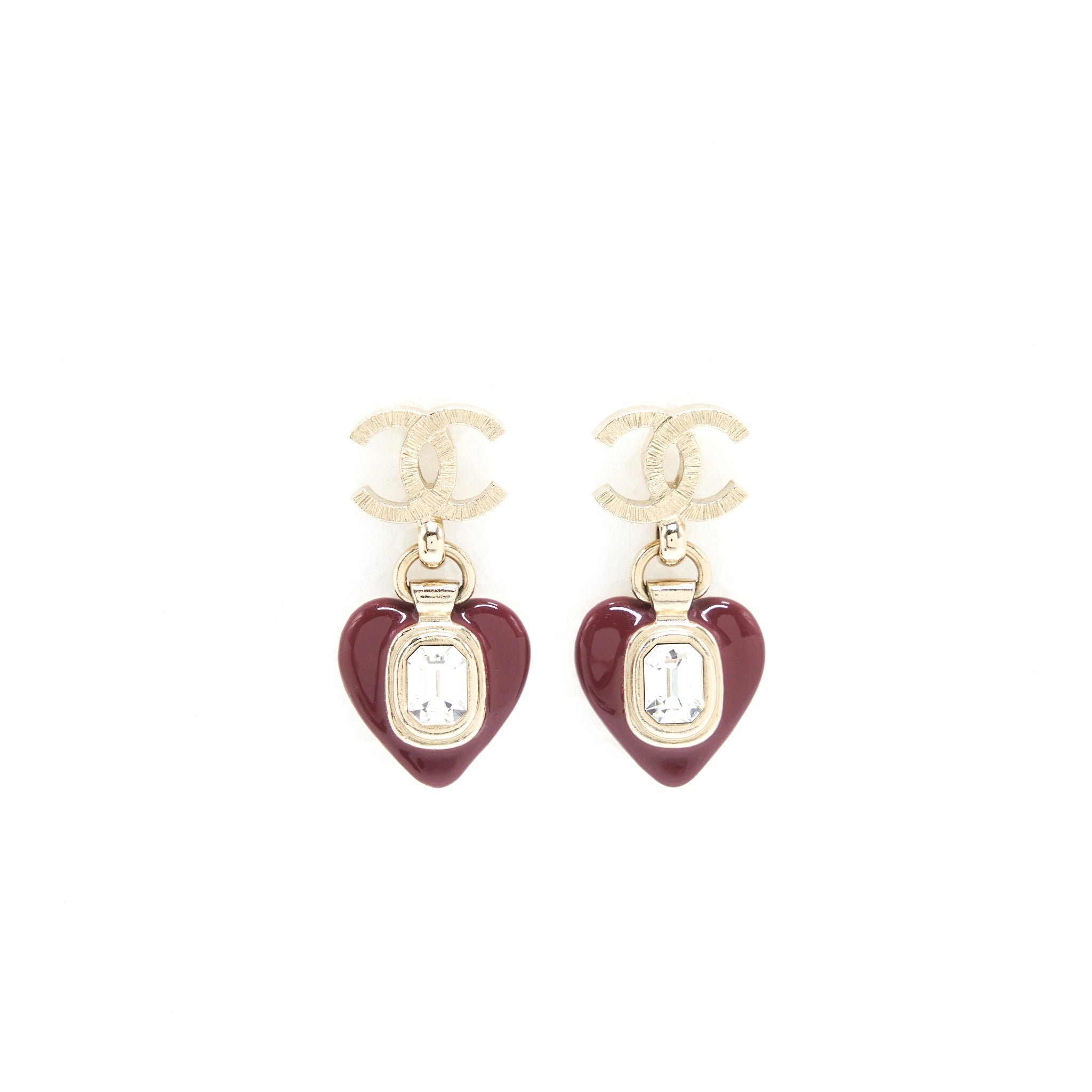 CHANEL CC LOGO AND HEART EARRINGS RED AND LIGHT GOLD TONE