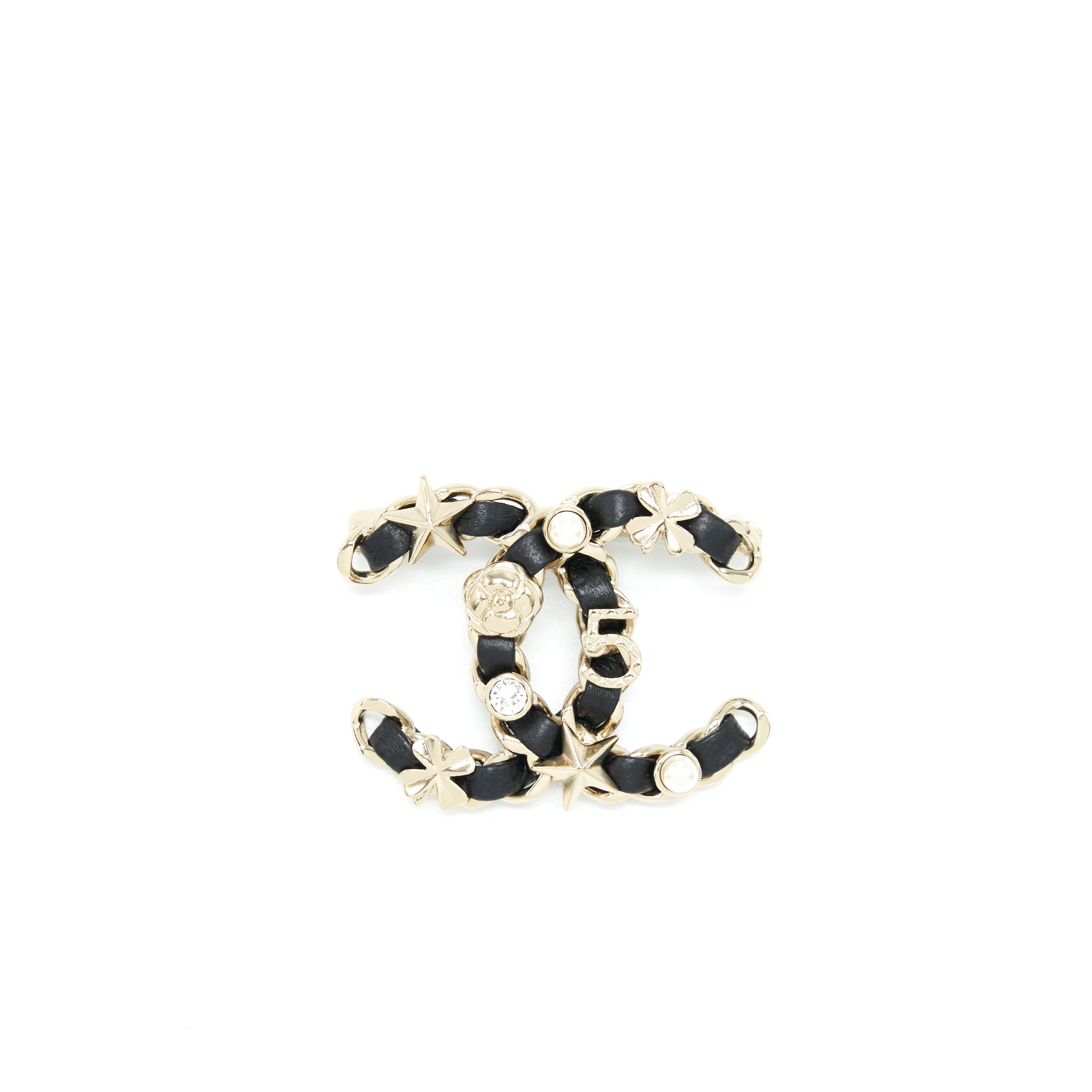 CHANEL 22S CC LOGO CHAIN BROOCH WITH CHARM BLACK LGHW