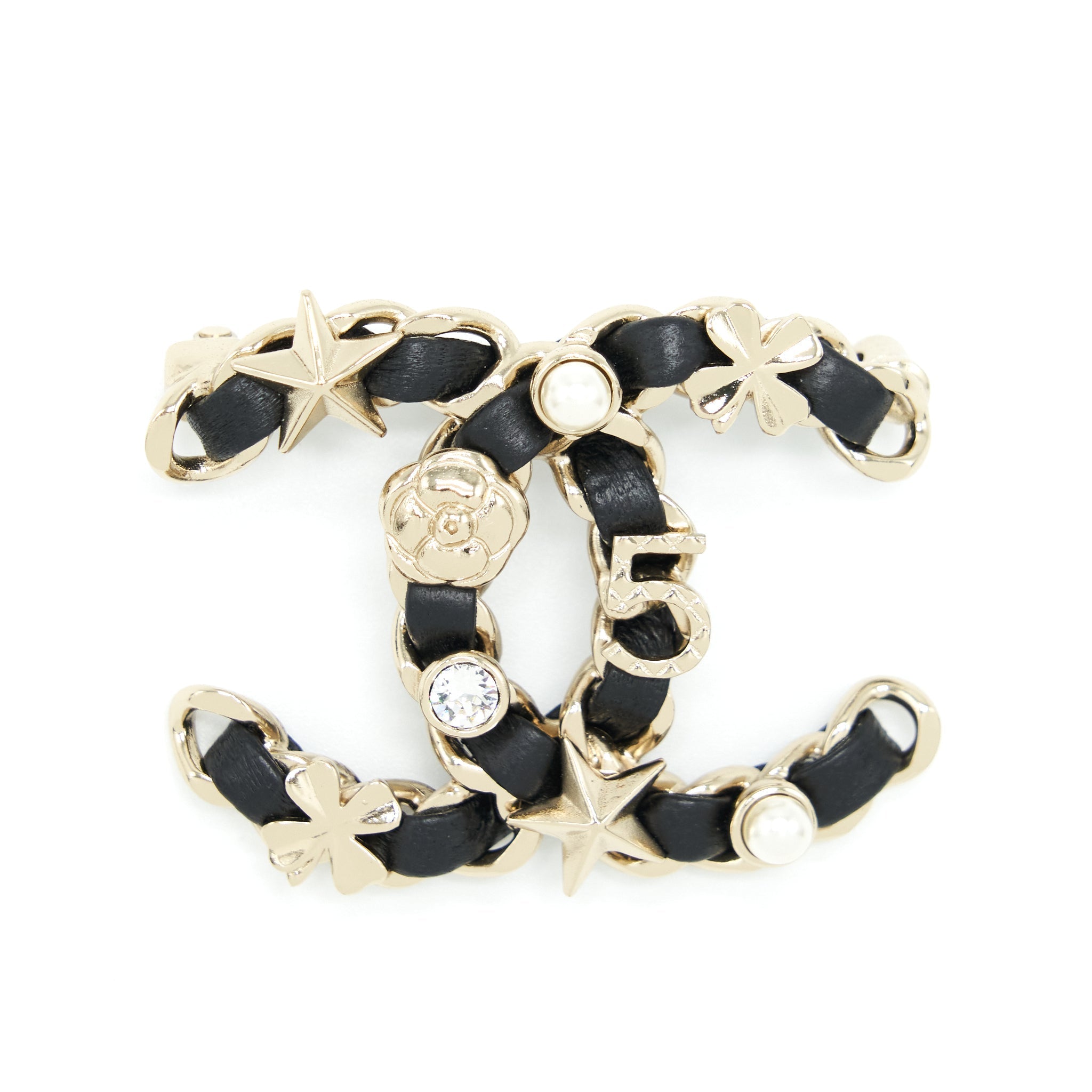 CHANEL 22S CC LOGO CHAIN BROOCH WITH CHARM BLACK LGHW