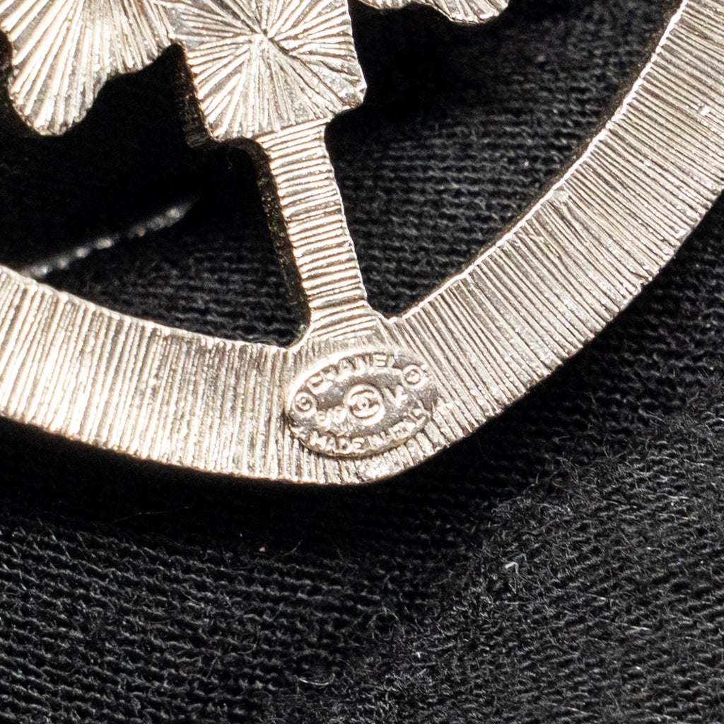CHANEL SHIELD BROOCH CRYSTAL SILVER TONE