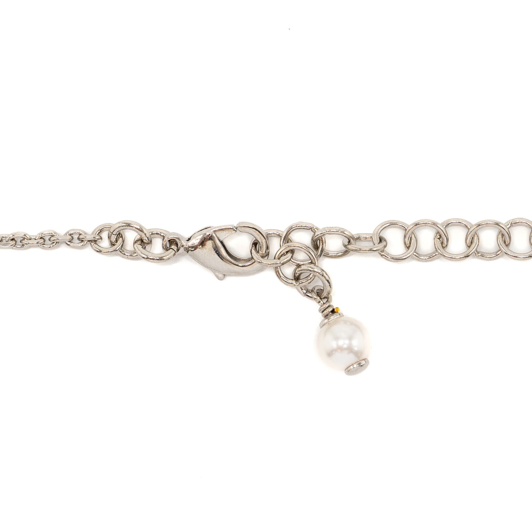 CHANEL CC LOGO/STAR DROP NECKLACE CRYSTAL/PEARL/SILVER TONE