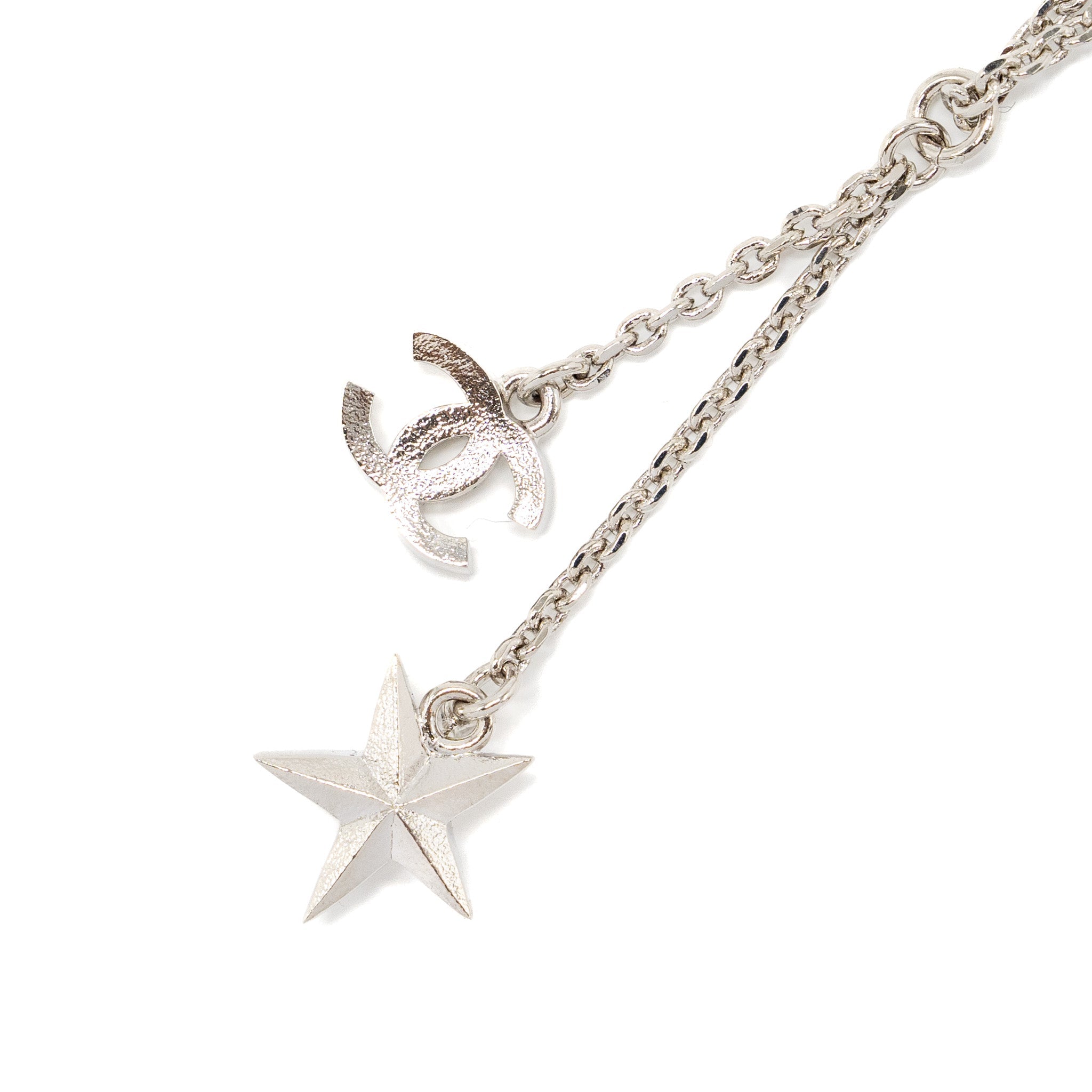 CHANEL CC LOGO/STAR DROP NECKLACE CRYSTAL/PEARL/SILVER TONE