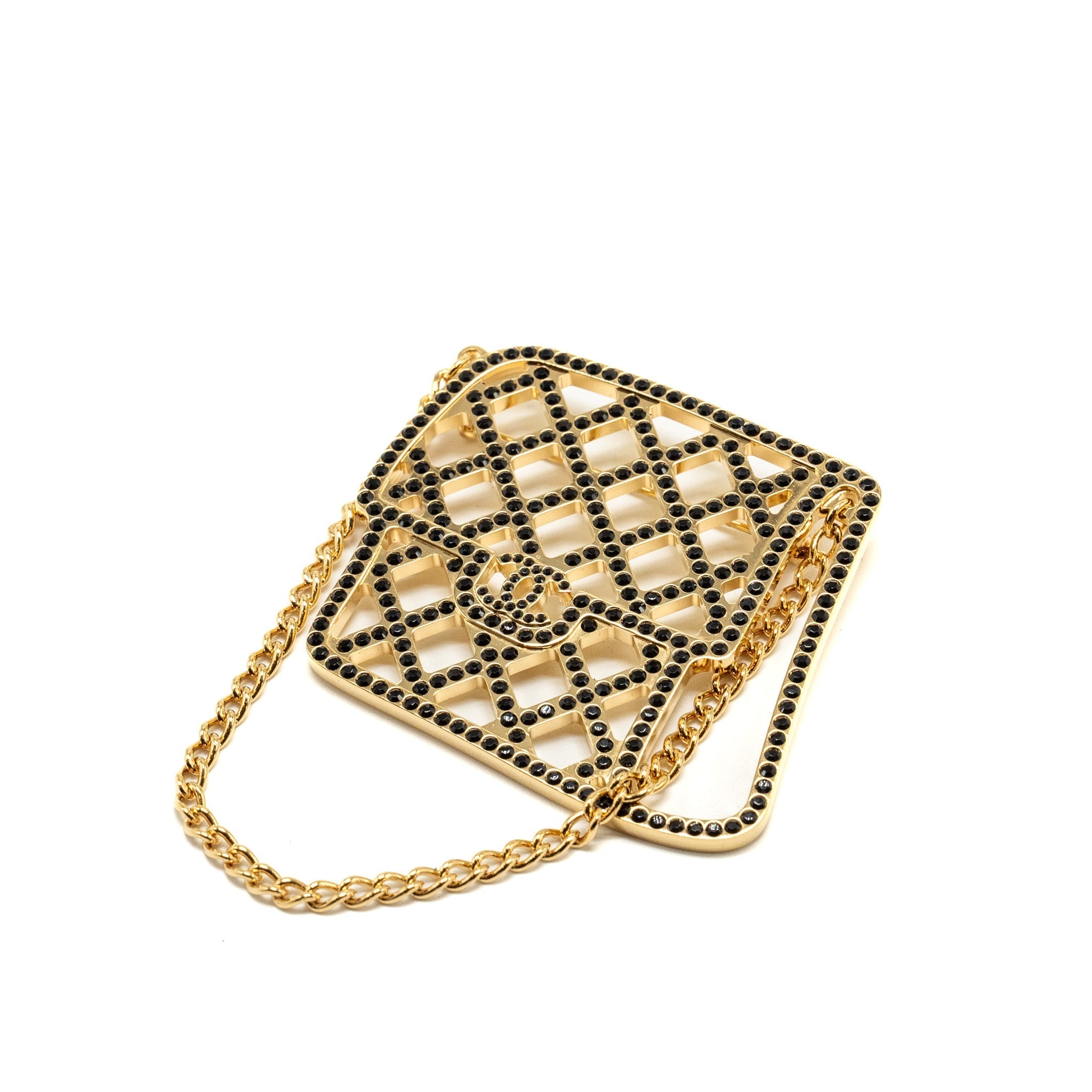 CHANEL FLAP BAG BROOCH WITH BLACK CRYSTAL GOLD TONE