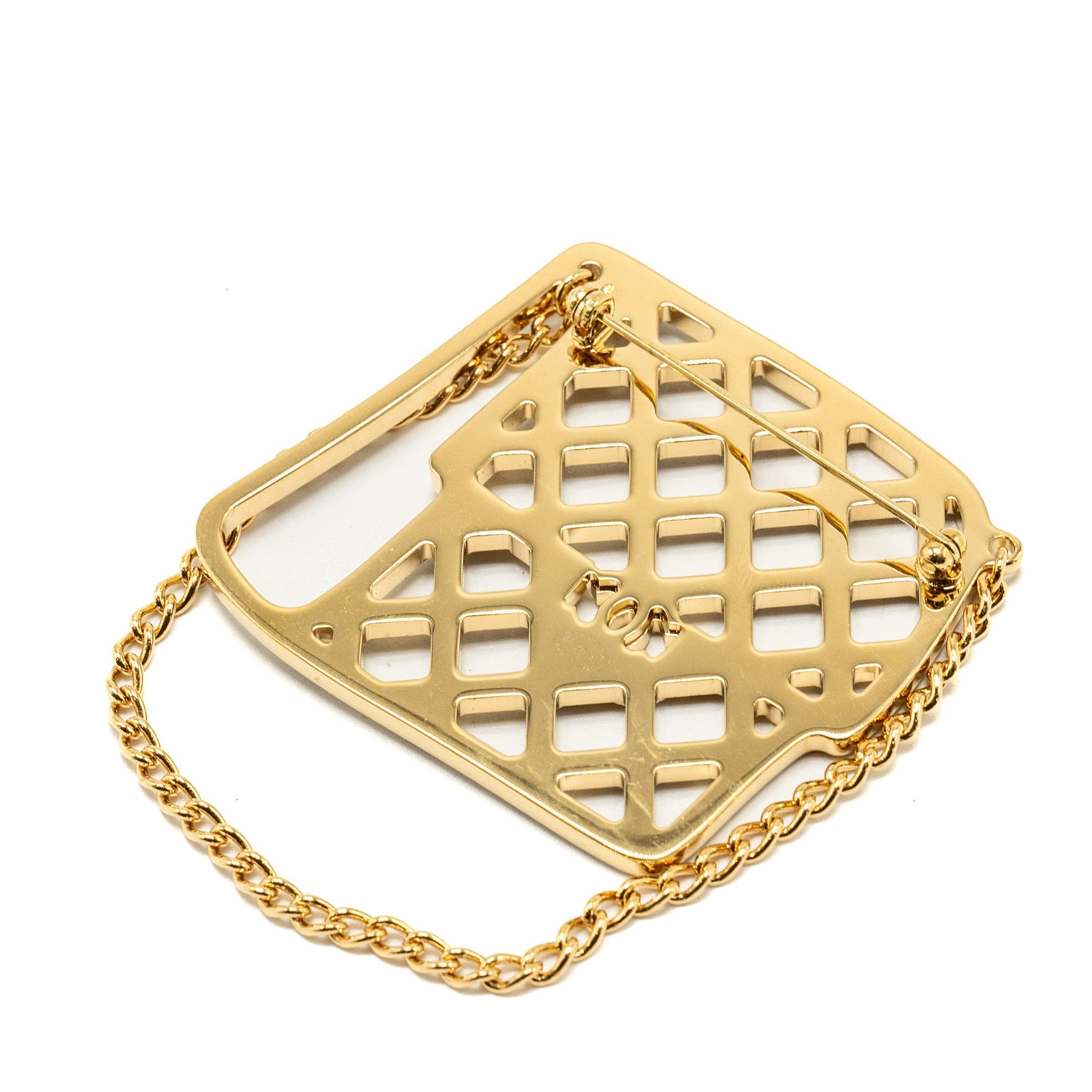 CHANEL FLAP BAG BROOCH WITH BLACK CRYSTAL GOLD TONE