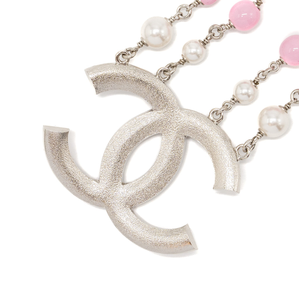 CHANEL 19C PEARL/CRYSTAL NECKLACE CC LOGO DROP PINK/SILVER TONE