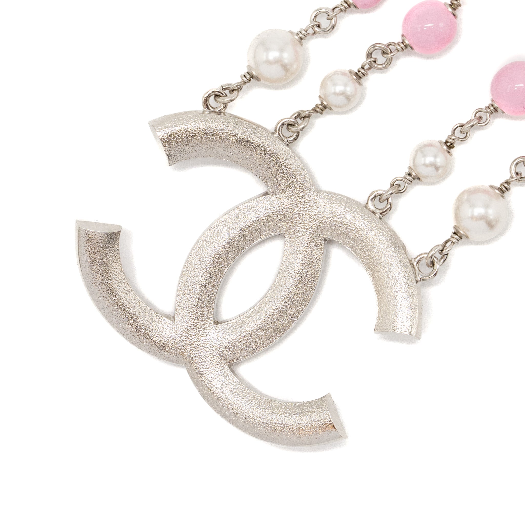 CHANEL 19C PEARL/CRYSTAL NECKLACE CC LOGO DROP PINK/SILVER TONE