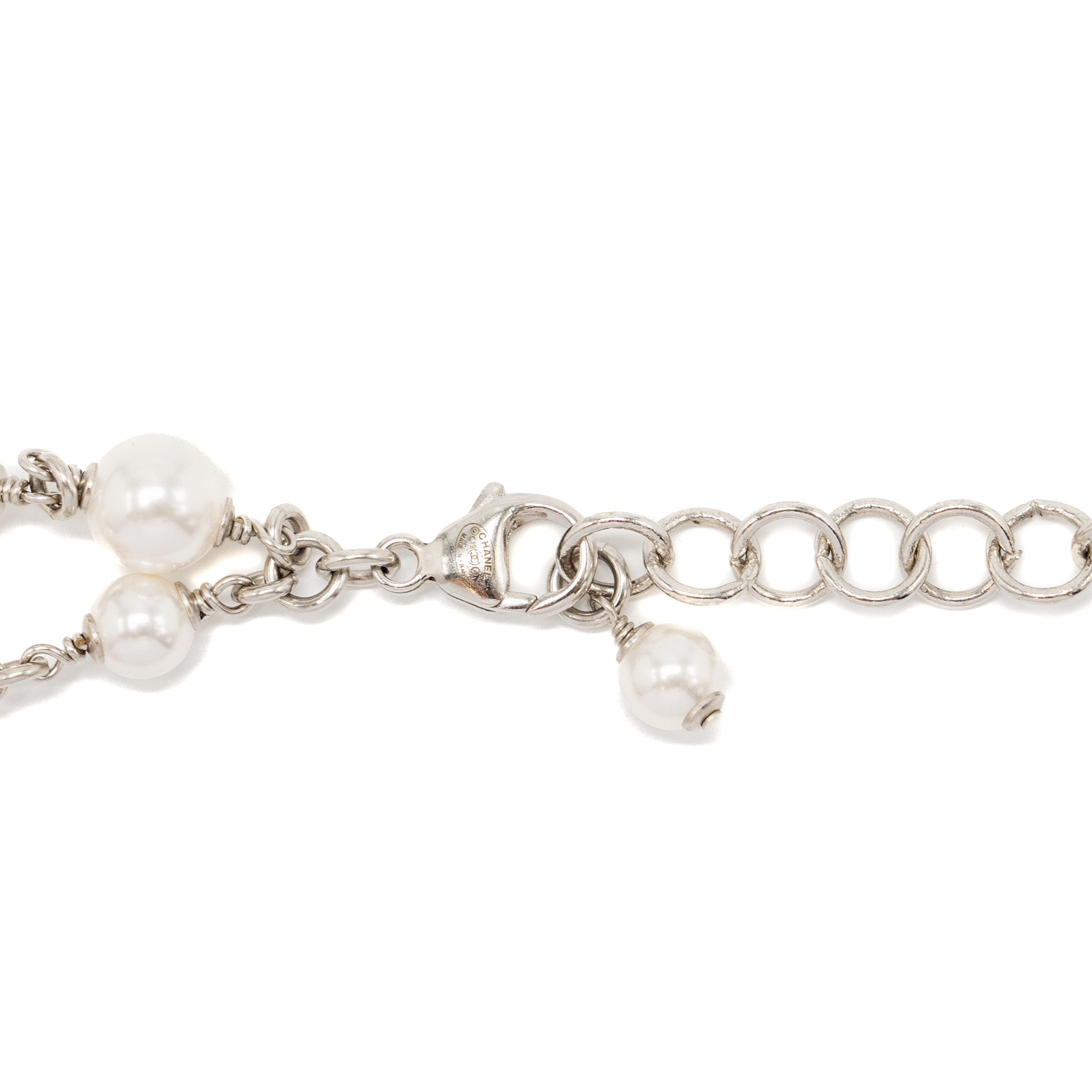 CHANEL 19C PEARL/CRYSTAL NECKLACE CC LOGO DROP PINK/SILVER TONE