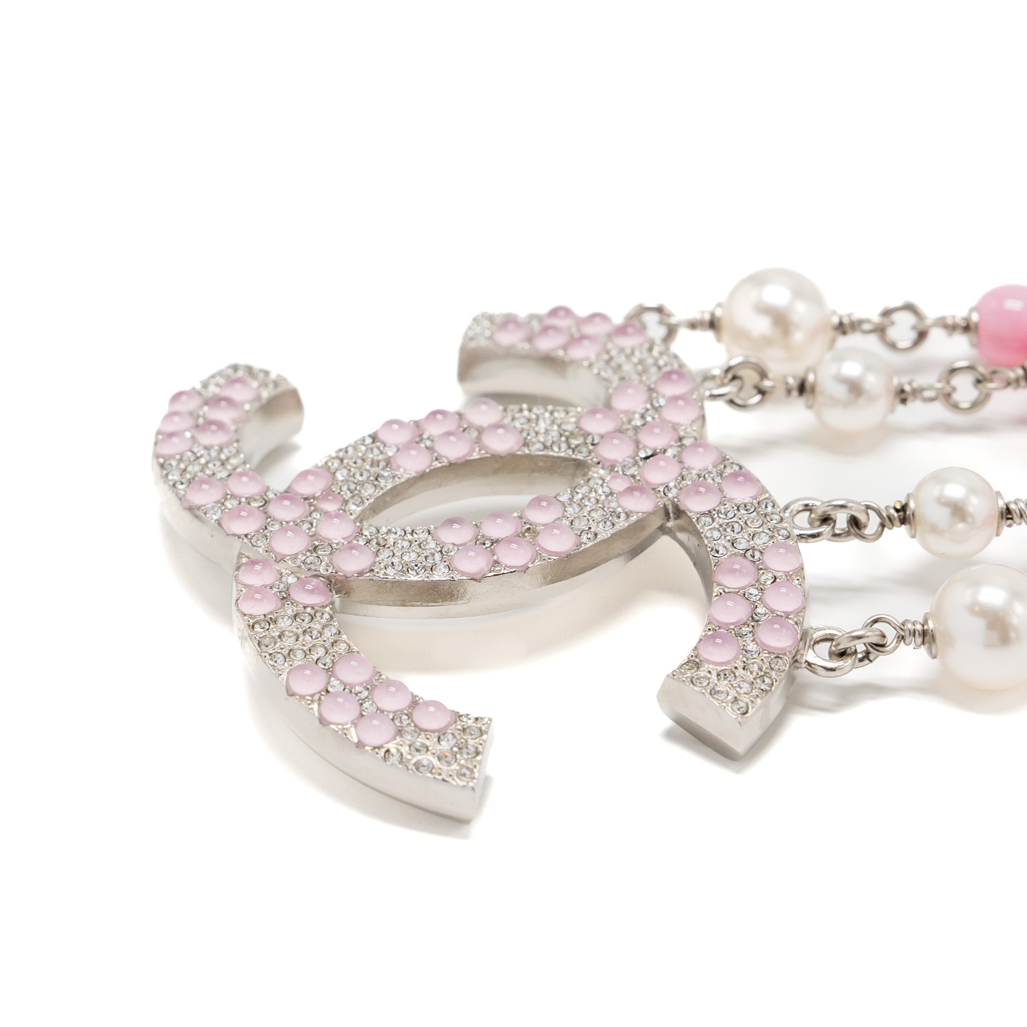 CHANEL 19C PEARL/CRYSTAL NECKLACE CC LOGO DROP PINK/SILVER TONE