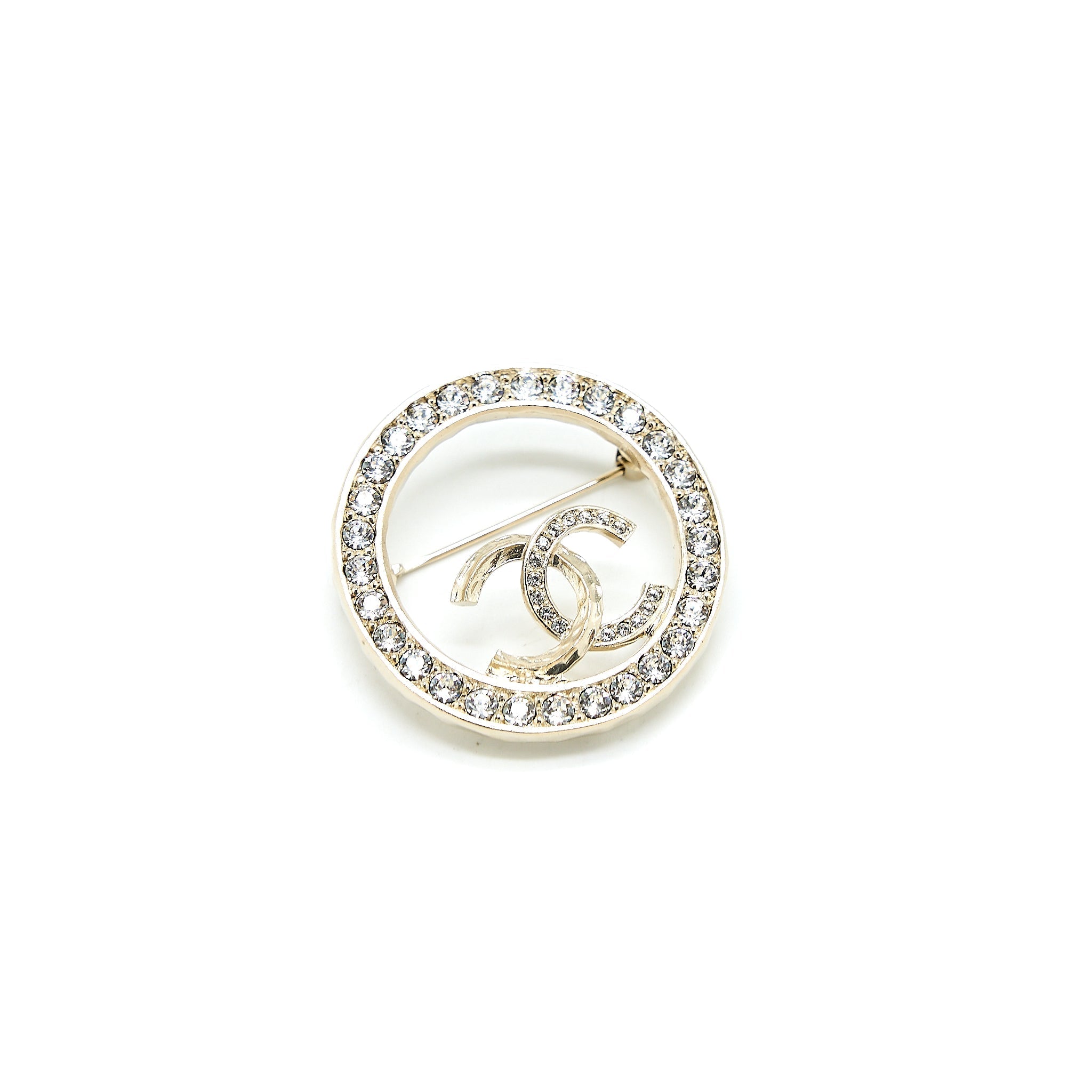 CHANEL ROUND CC LOGO BROOCH CRYSTAL LIGHT GOLD TONE