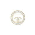 CHANEL ROUND CC LOGO BROOCH CRYSTAL LIGHT GOLD TONE