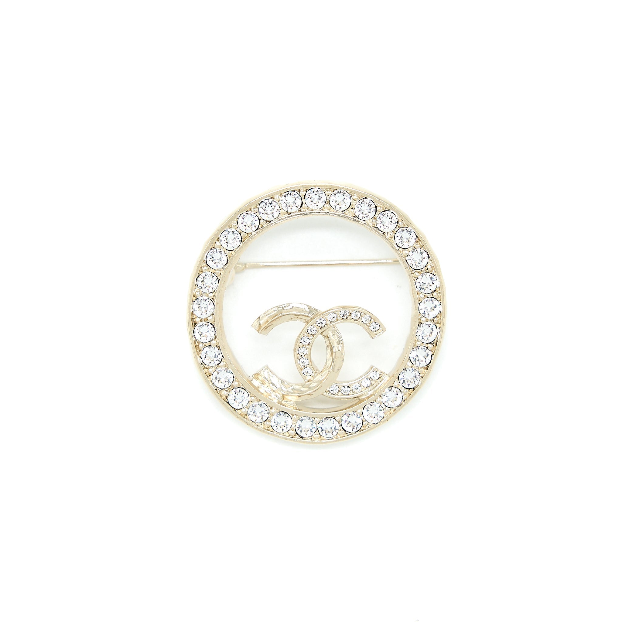 CHANEL ROUND CC LOGO BROOCH CRYSTAL LIGHT GOLD TONE