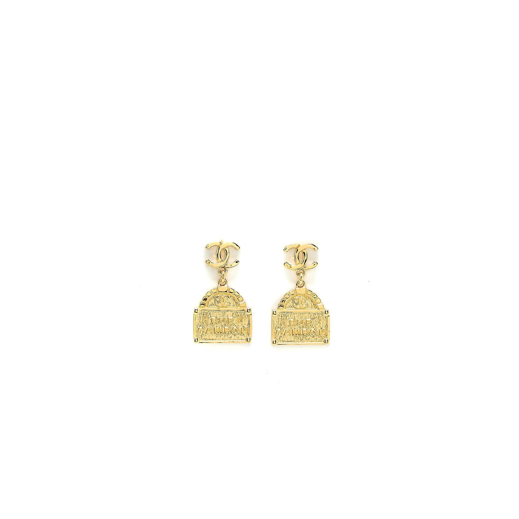 CHANEL RUE CAMBON/CC LOGO DROPPED EARRINGS GOLD TONE