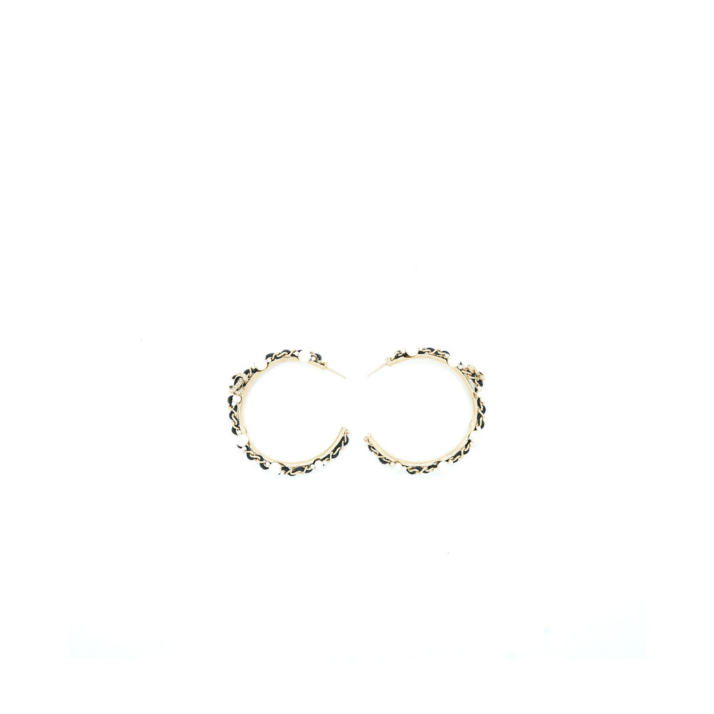 CHANEL CC LOGO HOOP EARRINGS LEATHER CHAIN/PEARL/LIGHT GOLD TONE