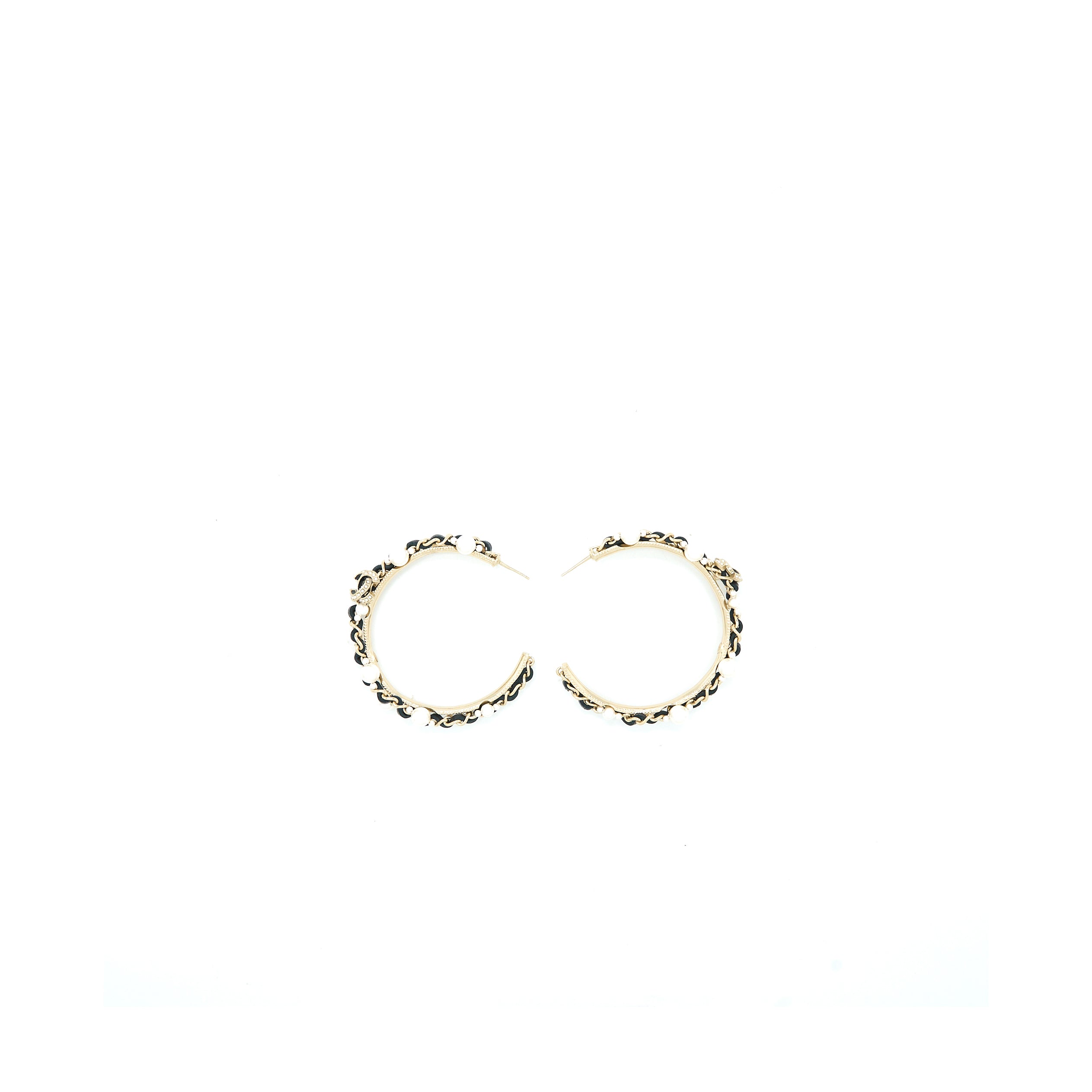 CHANEL CC LOGO HOOP EARRINGS LEATHER CHAIN/PEARL/LIGHT GOLD TONE