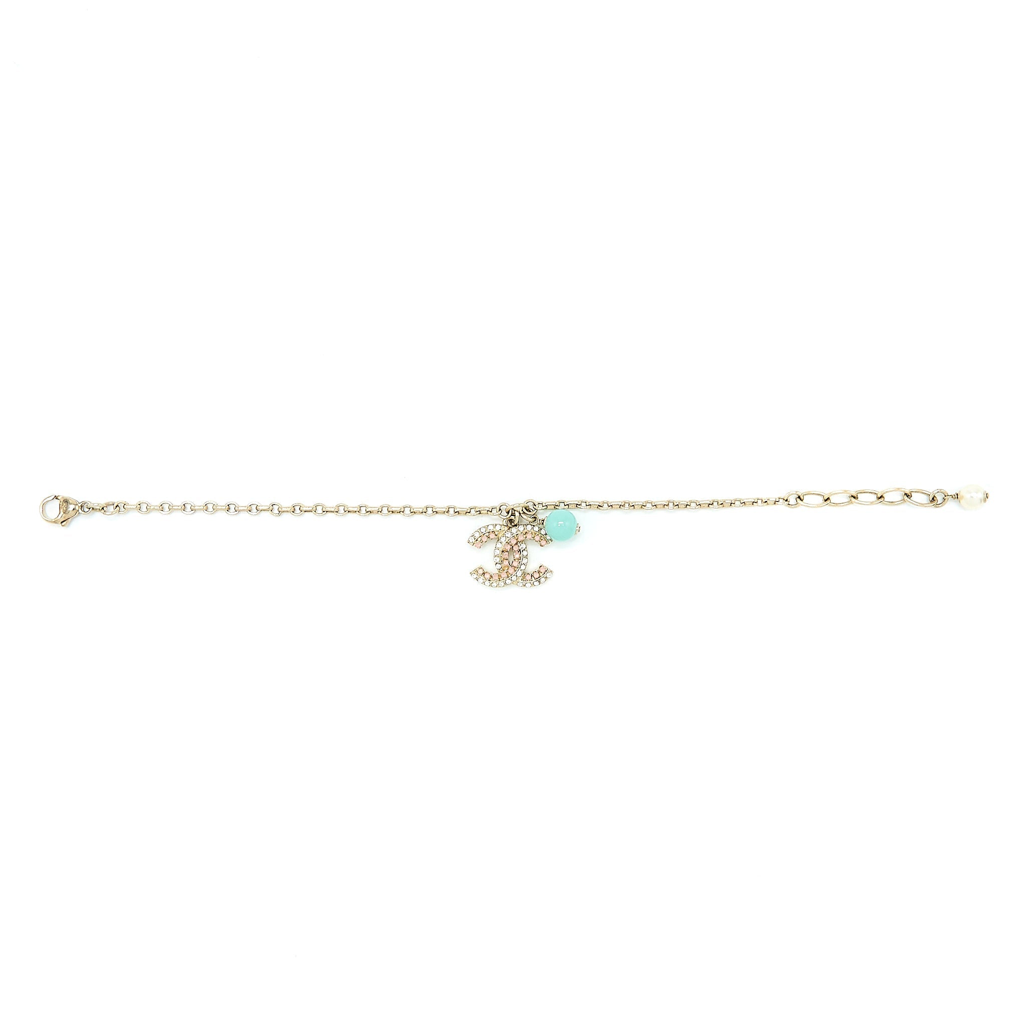 CHANEL 19S CRYSTAL CC LOGO BRACELET PEARL/STUD LIGHT GOLD TONE