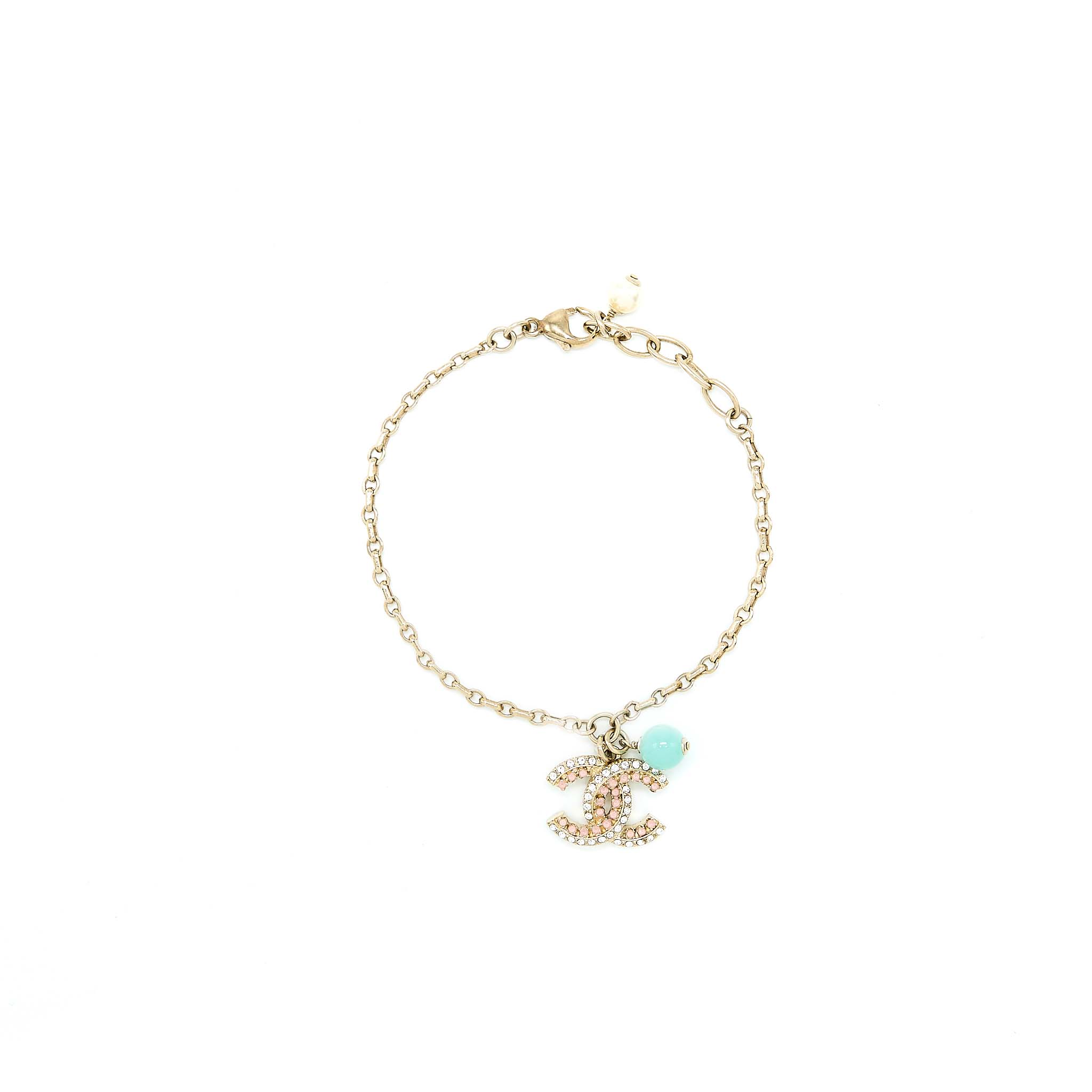 CHANEL 19S CRYSTAL CC LOGO BRACELET PEARL/STUD LIGHT GOLD TONE