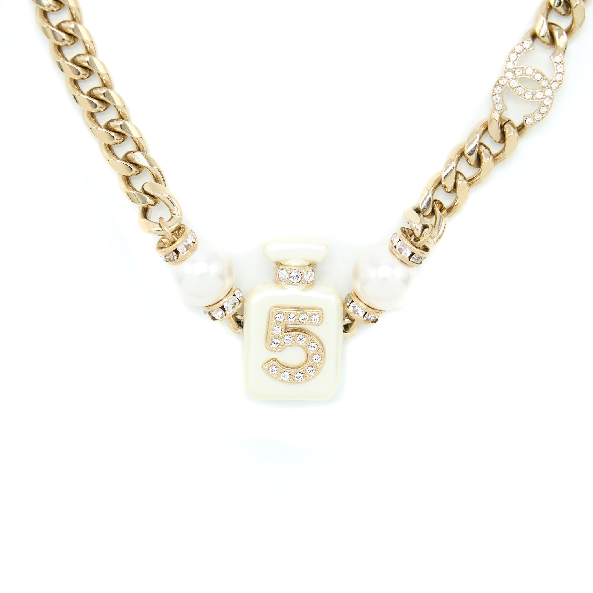 CHANEL NO.5 PERFUME BOTTLE CHOCKER/ NECKLACE CRYSTAL/PEARL LIGHT GOLD TONE