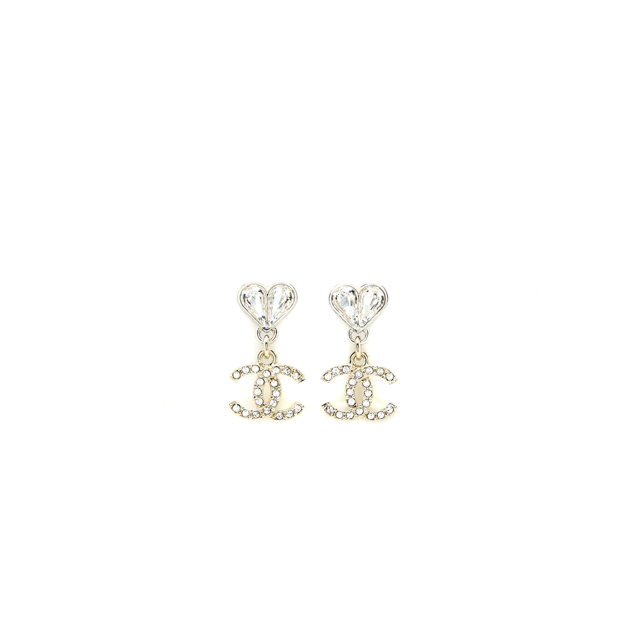 CHANEL HEART & CC DROP EARRINGS CRYSTAL SILVER TONE
