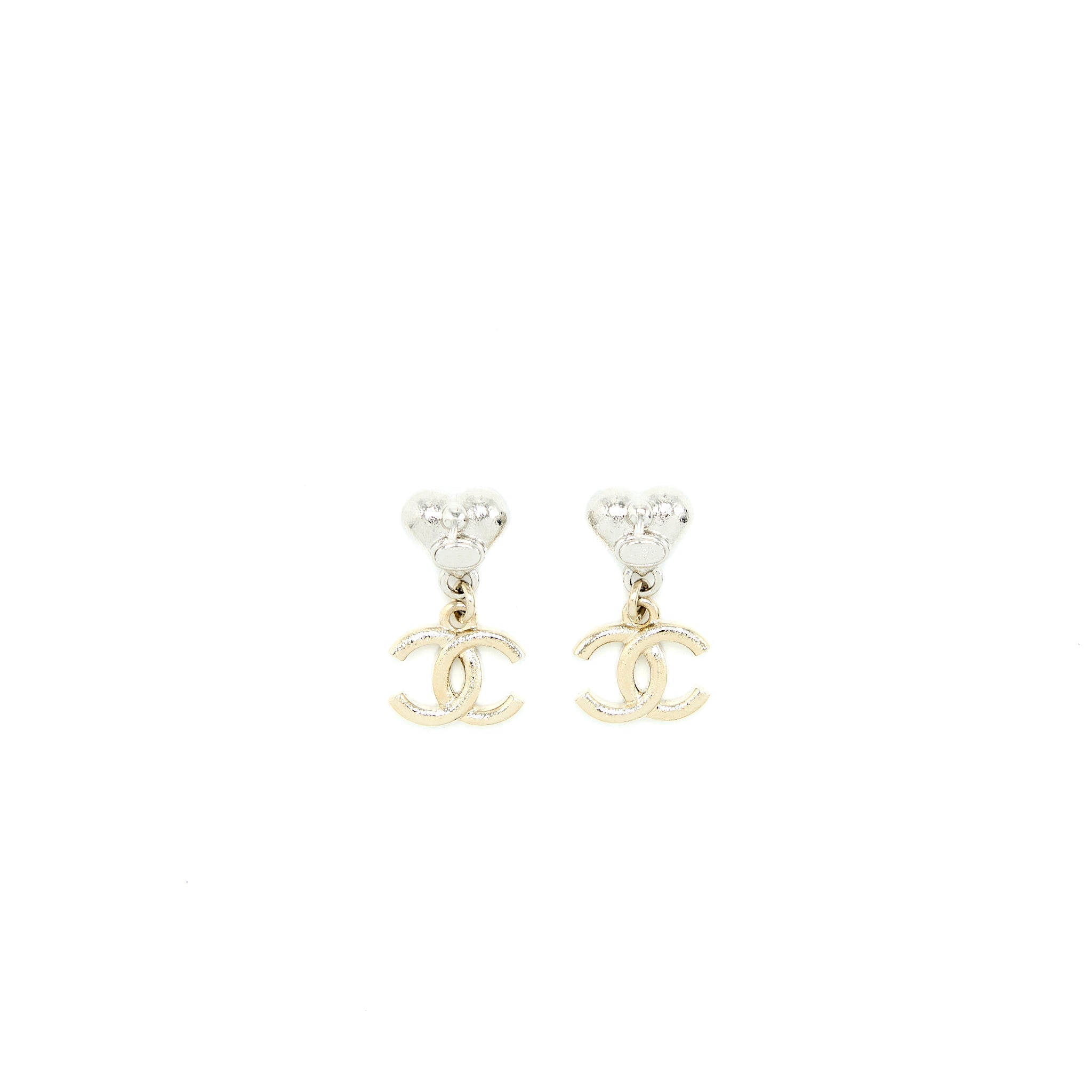 CHANEL HEART & CC DROP EARRINGS CRYSTAL SILVER TONE