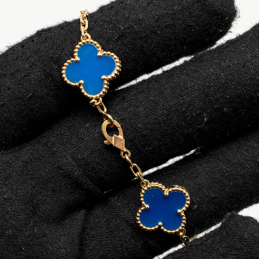 VAN CLEEF AND ARPELS VINTAGE ALHAMBRA BRACELET 5 MOTIFS 18K YELLOW GOLD , AGATE