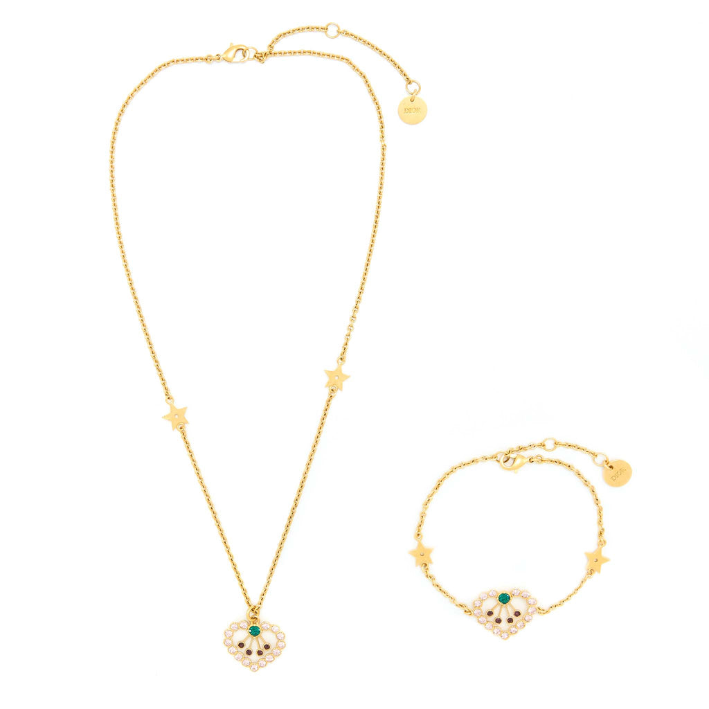 DIOR HEART NECKLACE & BRACELET MULTICOLOUR CRYSTAL GOLD TONE (SELL IN A SET )