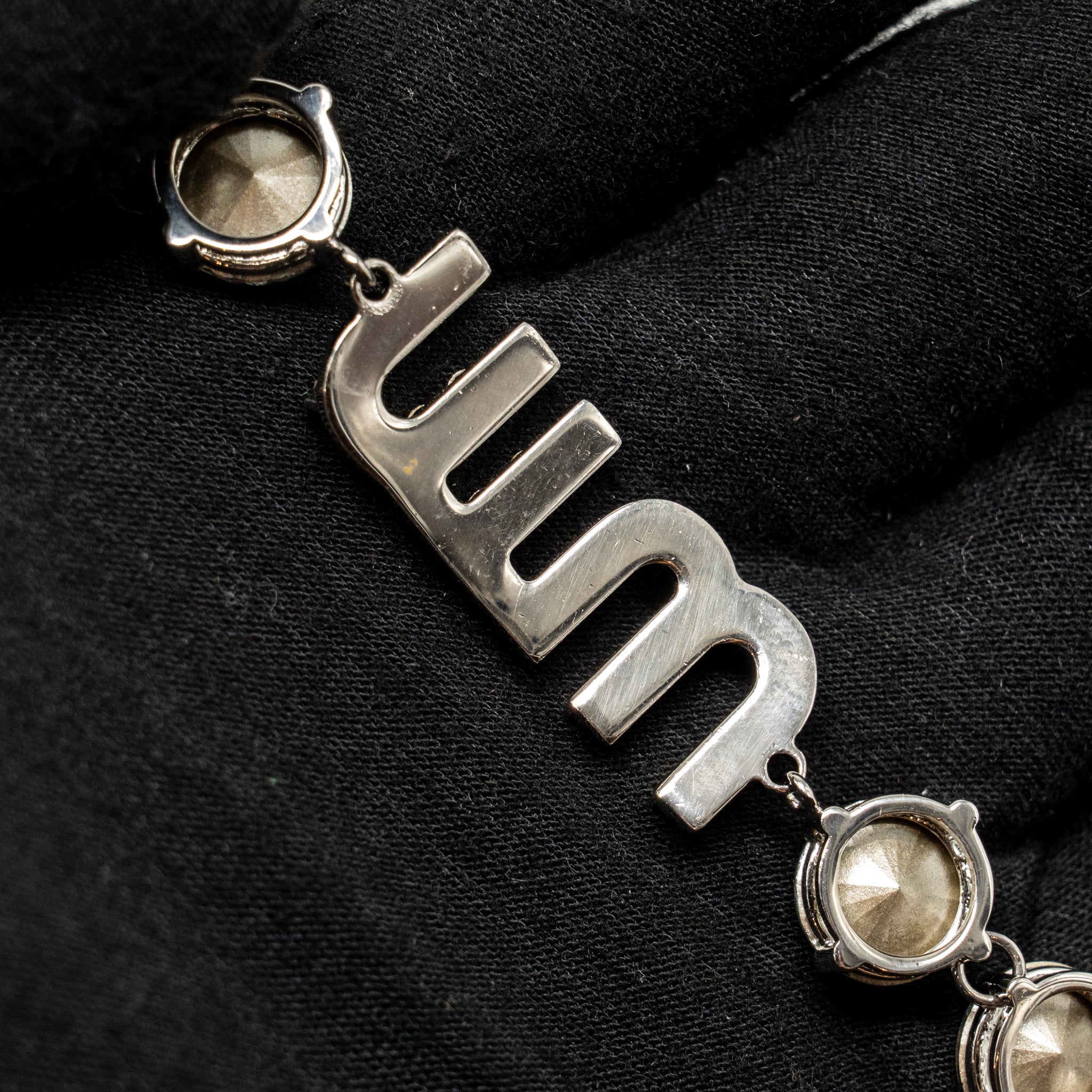 MIU MIU LOGO CRYSTAL-EMBELLISHED BRACELET SILVER TONE