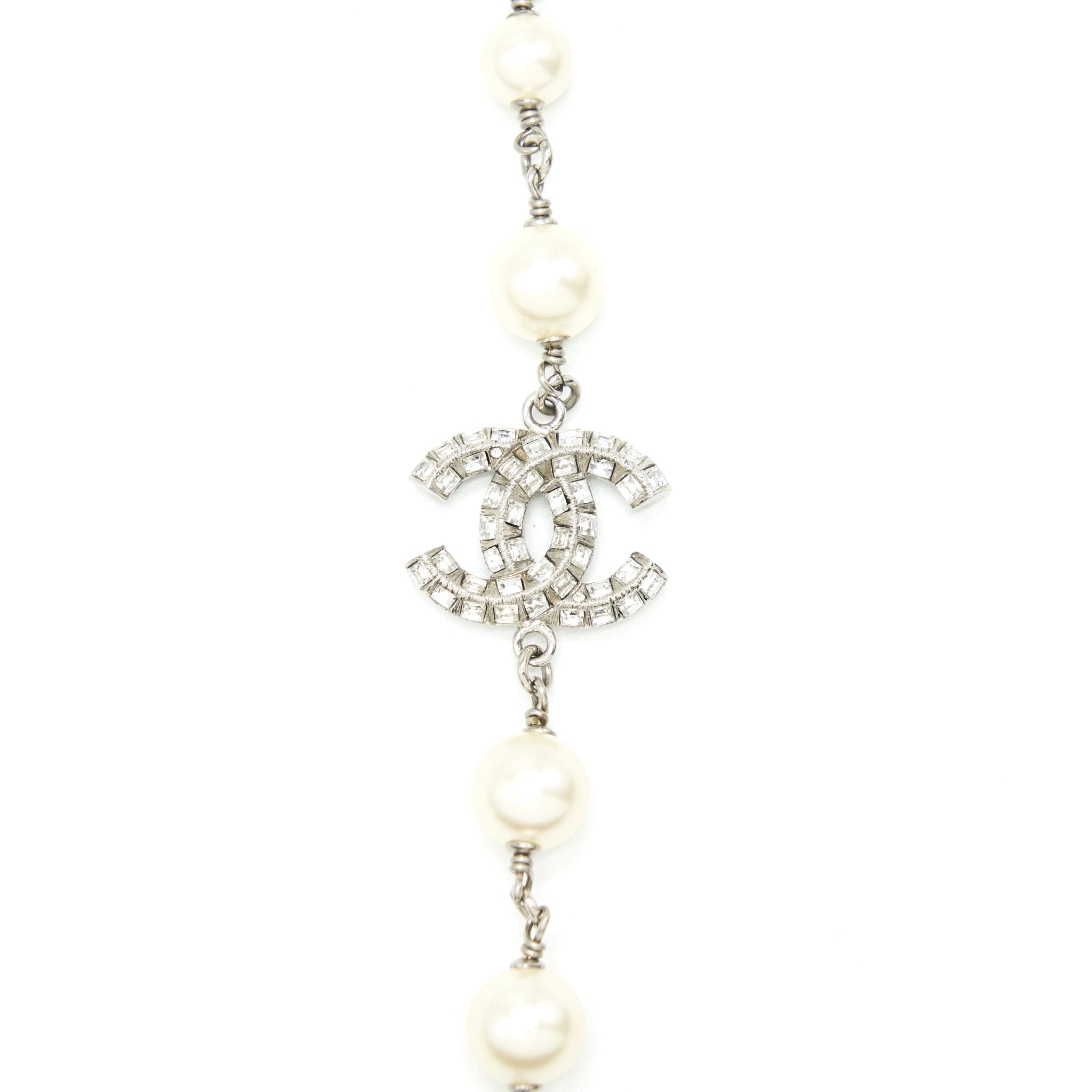 CHANEL CC LOGO AND PEARL LONG NECKLACE SILVER TONE