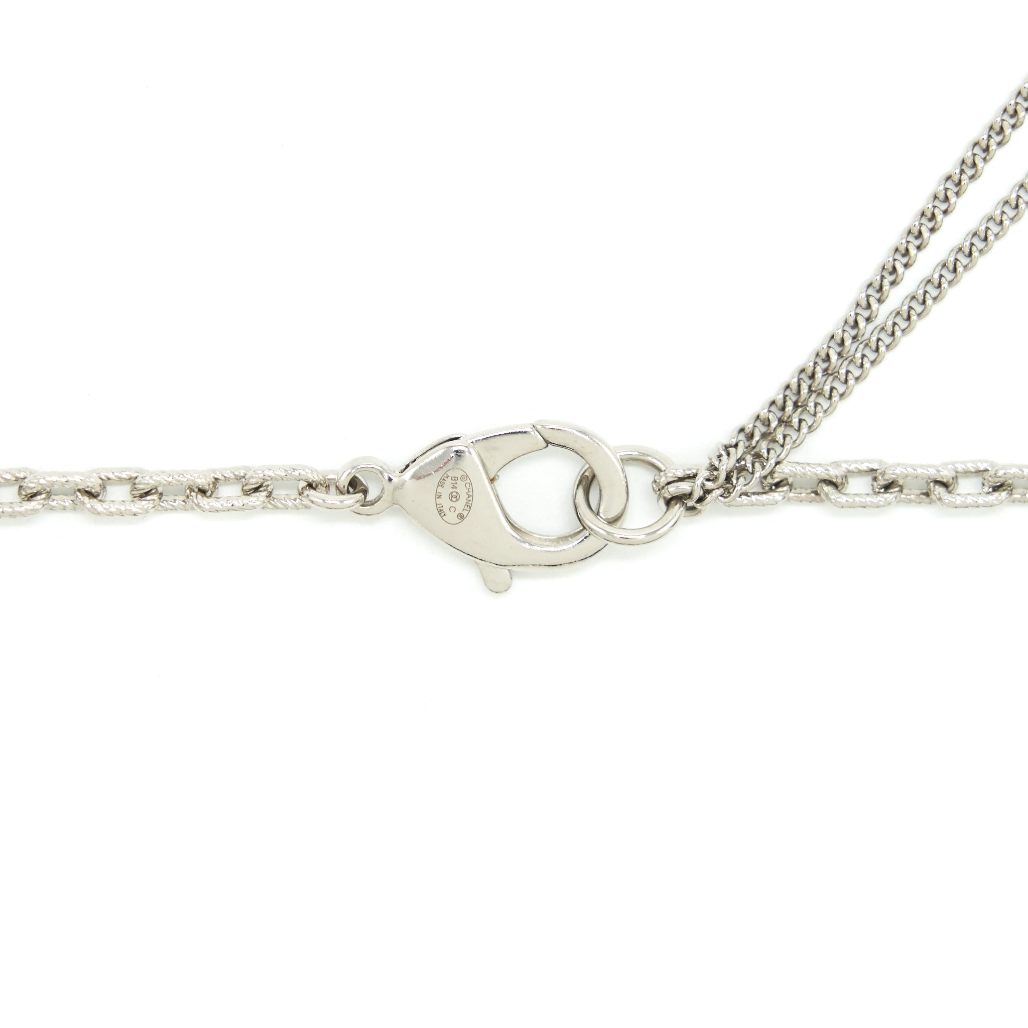 CHANEL CC LOGO AND PEARL LONG NECKLACE SILVER TONE