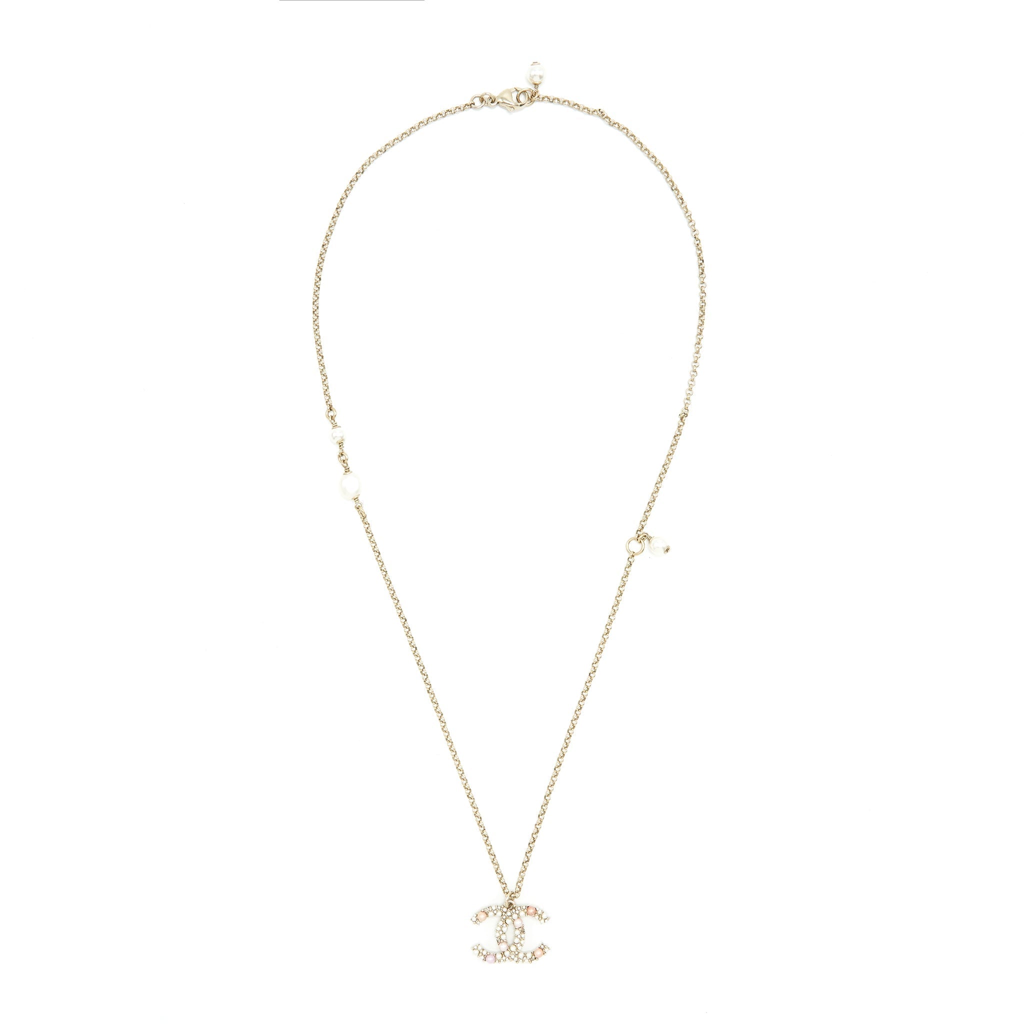 CHANEL CC LOGO AND PEARL NECKLACE LIGHT GOLD TONE