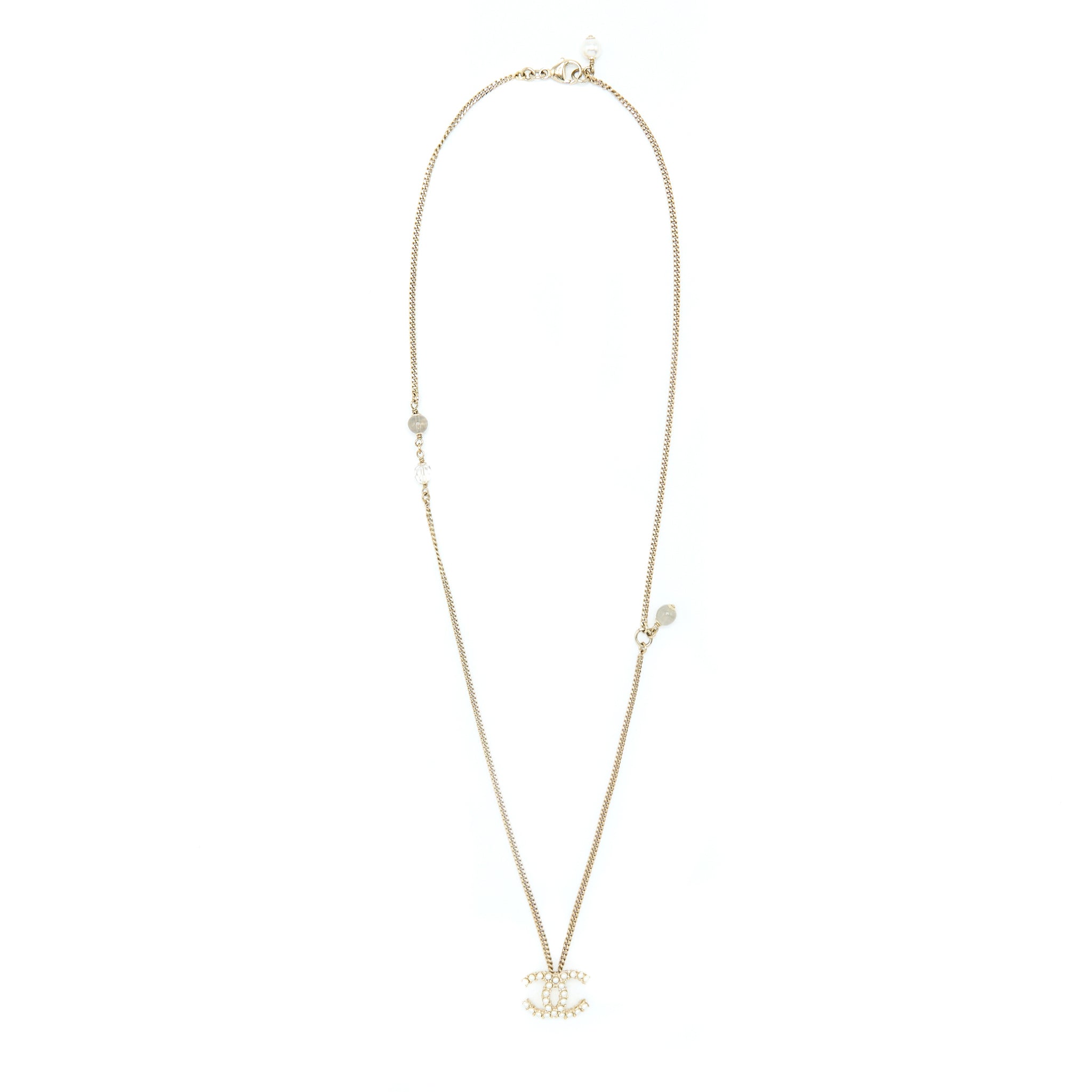 CHANEL PEARL CC LOGO NECKLACE GOLD TONE