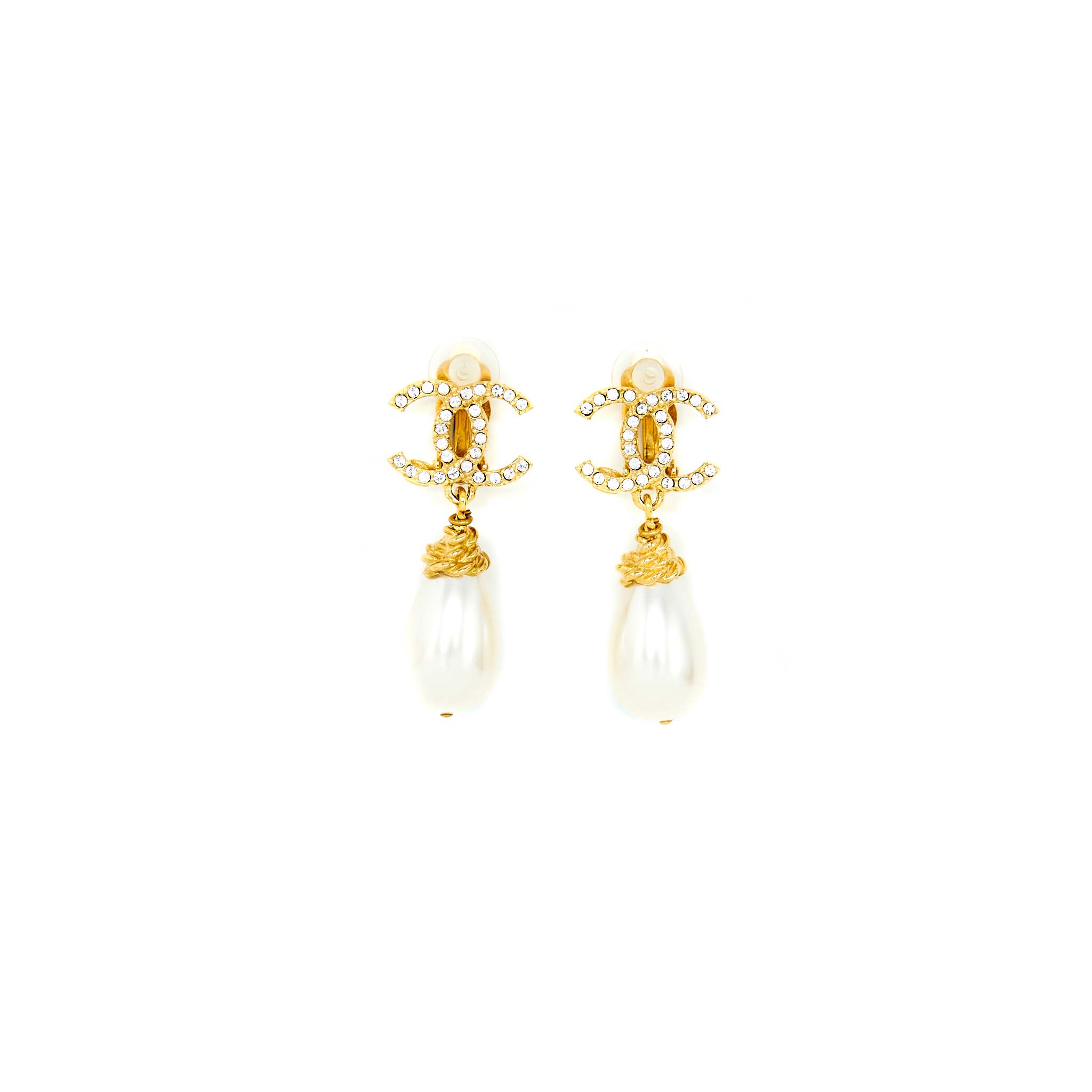 CHANEL CC LOGO CRYSTAL WITH PEARL DROP EAR CLIP GOLD TONE